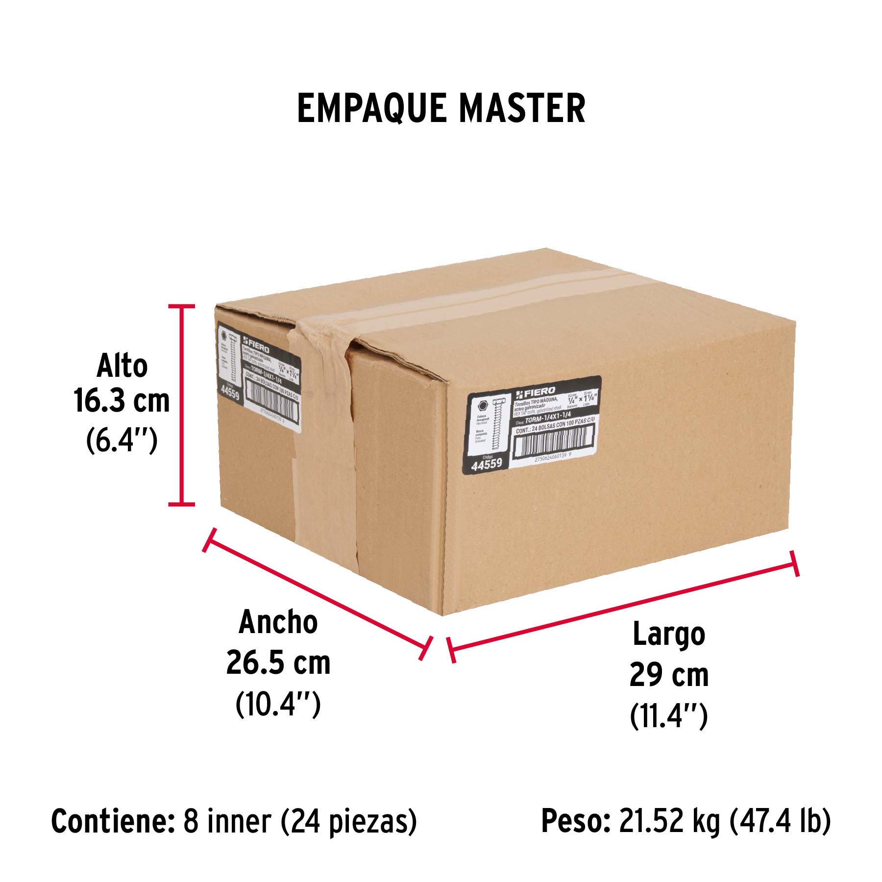 Bolsa con 100 tornillos 1/4" x 1-1/4" tipo máquina, FIERO - Empaque