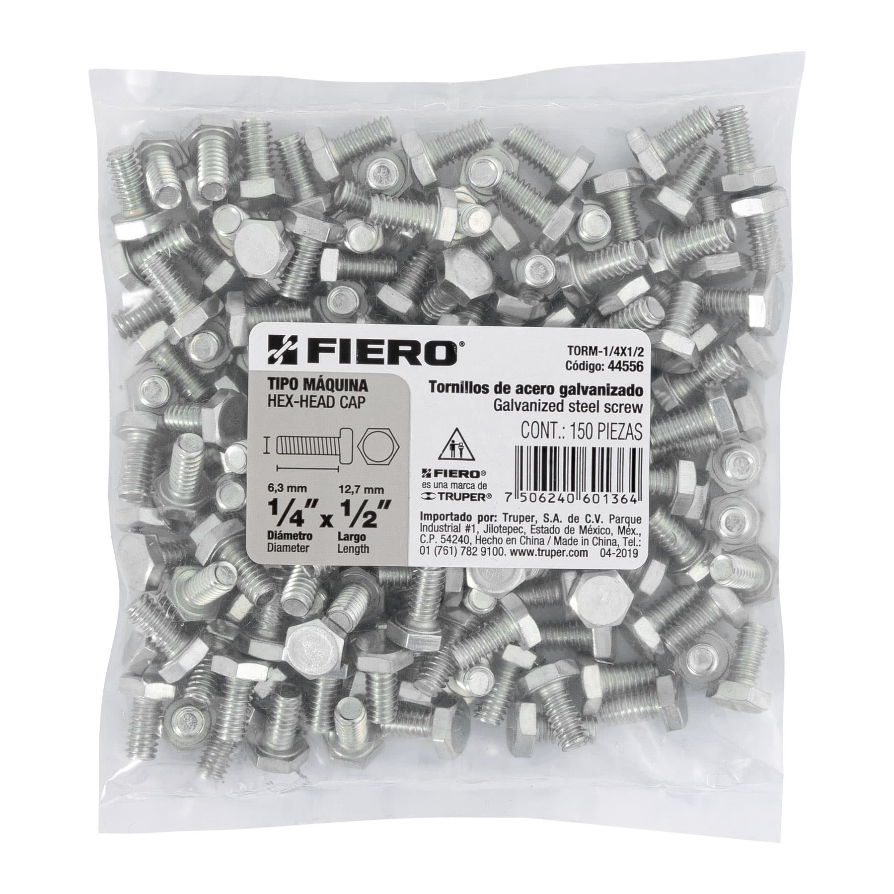 Bolsa con 150 tornillos 1/4" x 1/2" tipo máquina, FIERO
