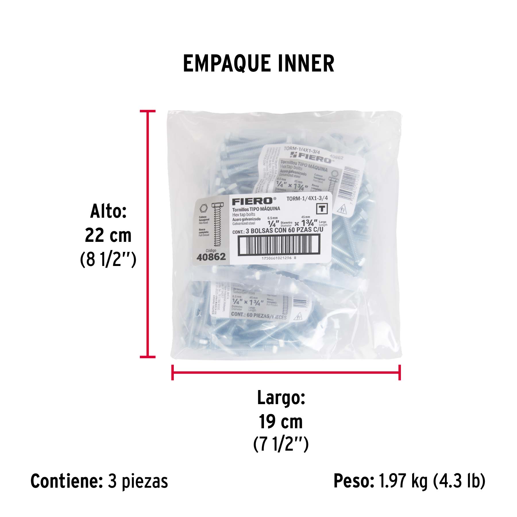 Bolsa con 60 tornillos 1/4" x 1-3/4" tipo máquina, FIERO - Empaque