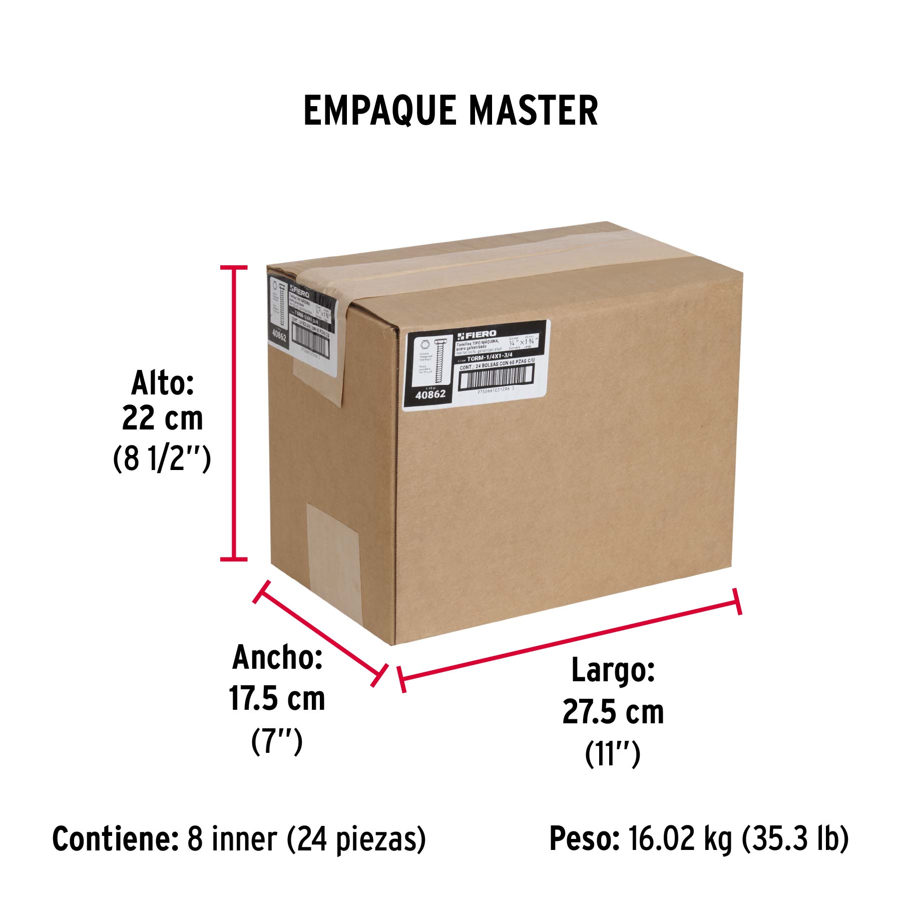 Bolsa con 60 tornillos 1/4" x 1-3/4" tipo máquina, FIERO - Empaque