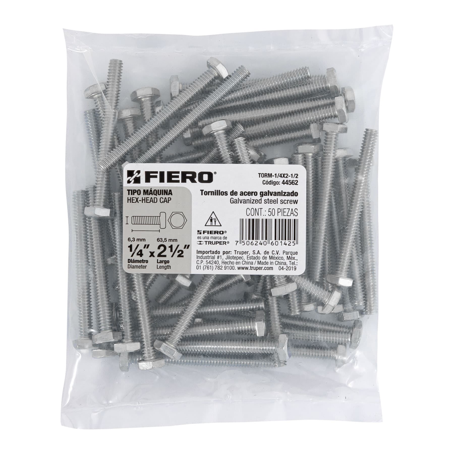 Bolsa con 50 tornillos 1/4" x 2-1/2" tipo máquina, FIERO