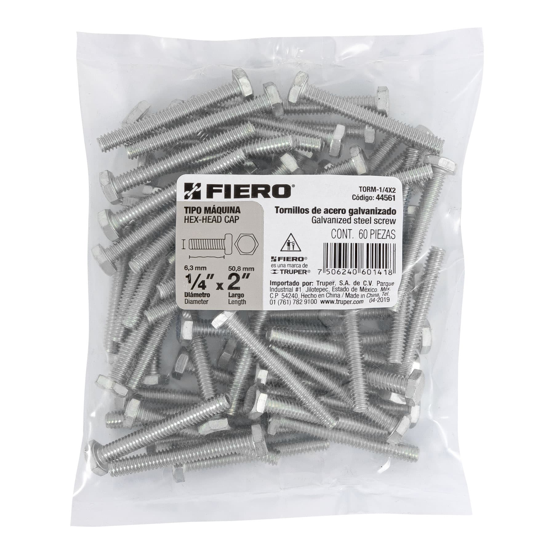 Bolsa con 60 tornillos 1/4" x 2" tipo máquina, FIERO