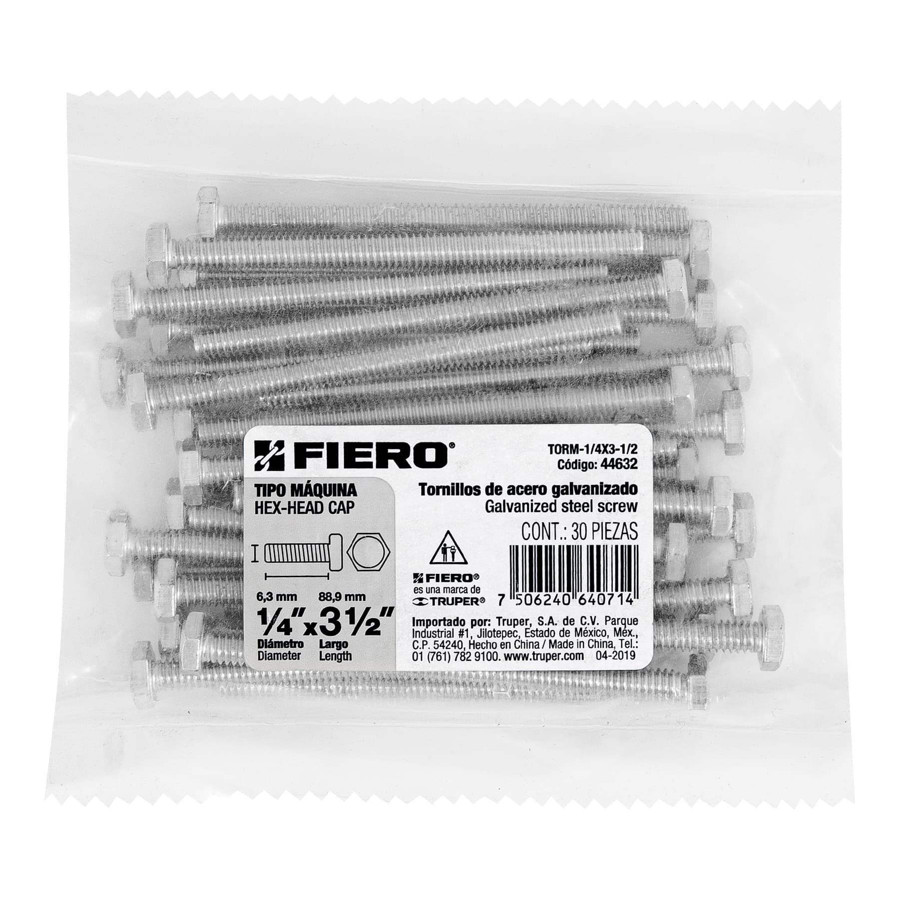 Bolsa con 30 tornillos 1/4" x 3-1/2" tipo máquina, FIERO