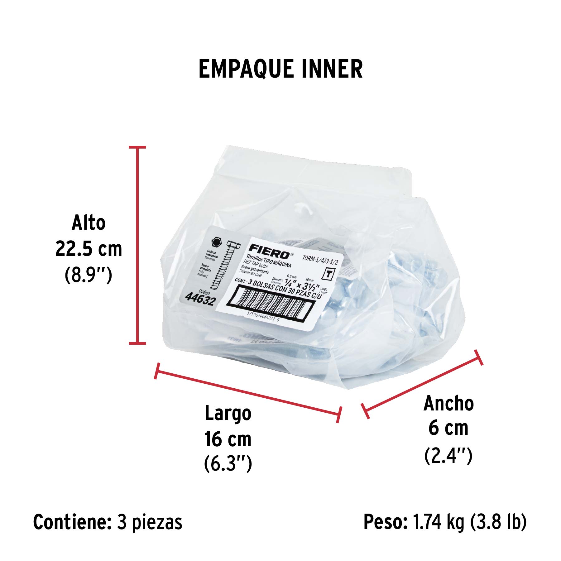 Bolsa con 30 tornillos 1/4" x 3-1/2" tipo máquina, FIERO - Empaque
