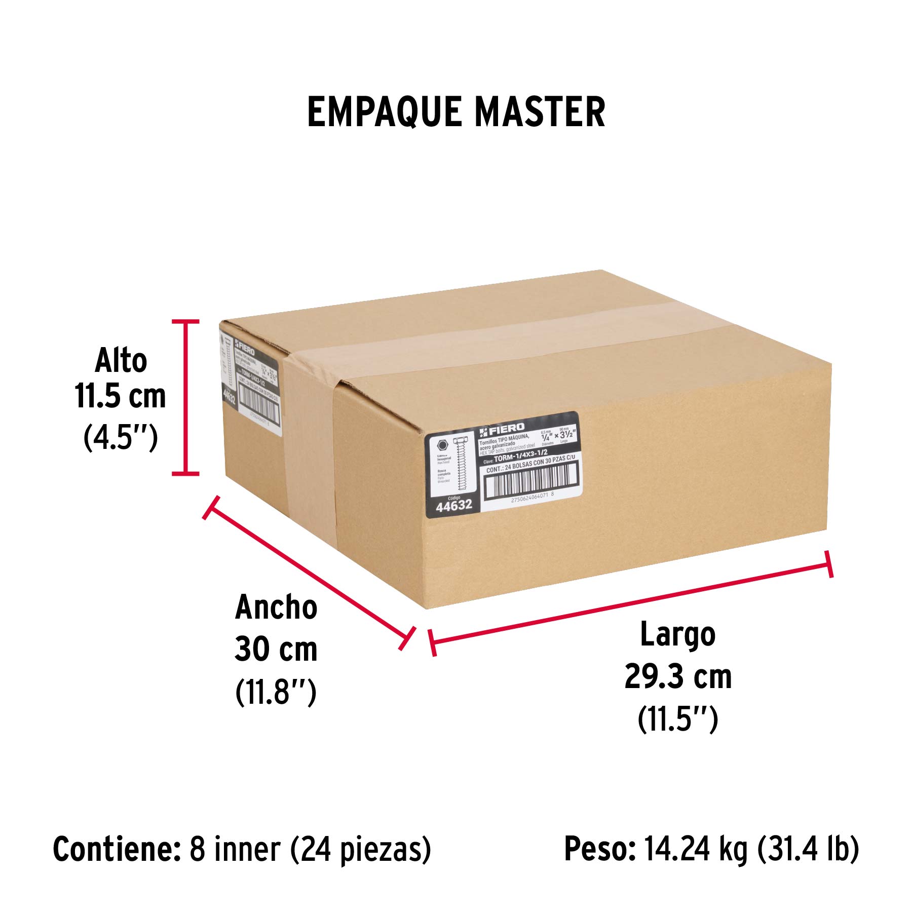 Bolsa con 30 tornillos 1/4" x 3-1/2" tipo máquina, FIERO - Empaque