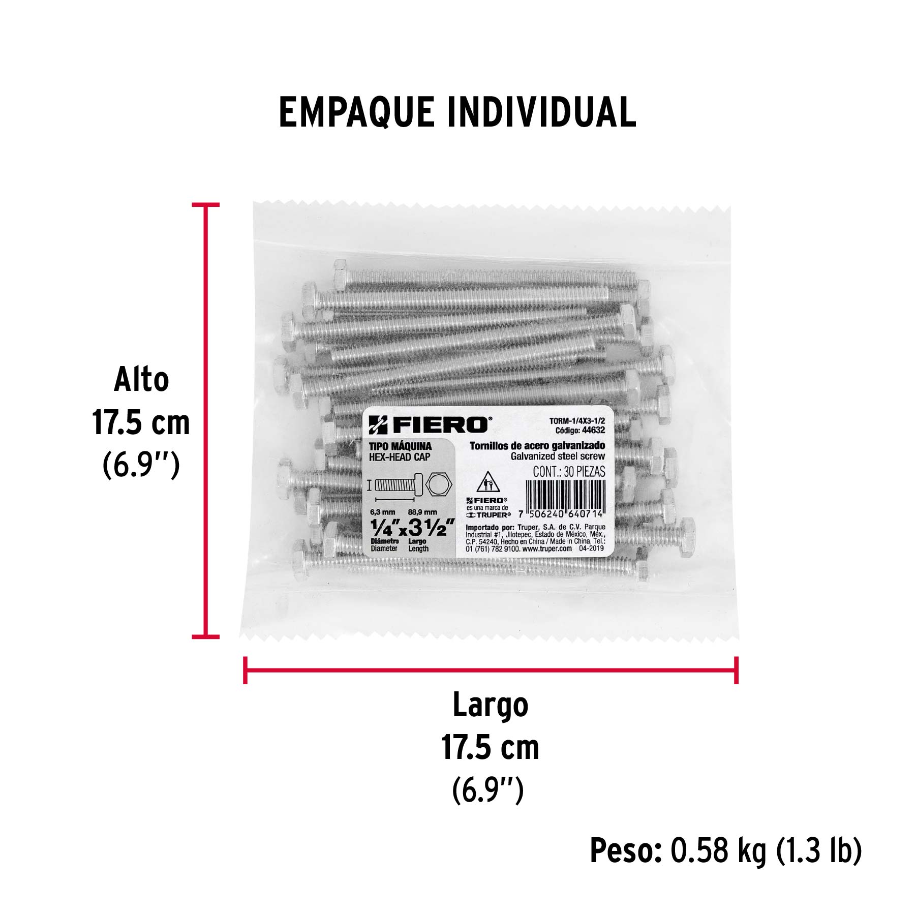 Bolsa con 30 tornillos 1/4" x 3-1/2" tipo máquina, FIERO - Empaque