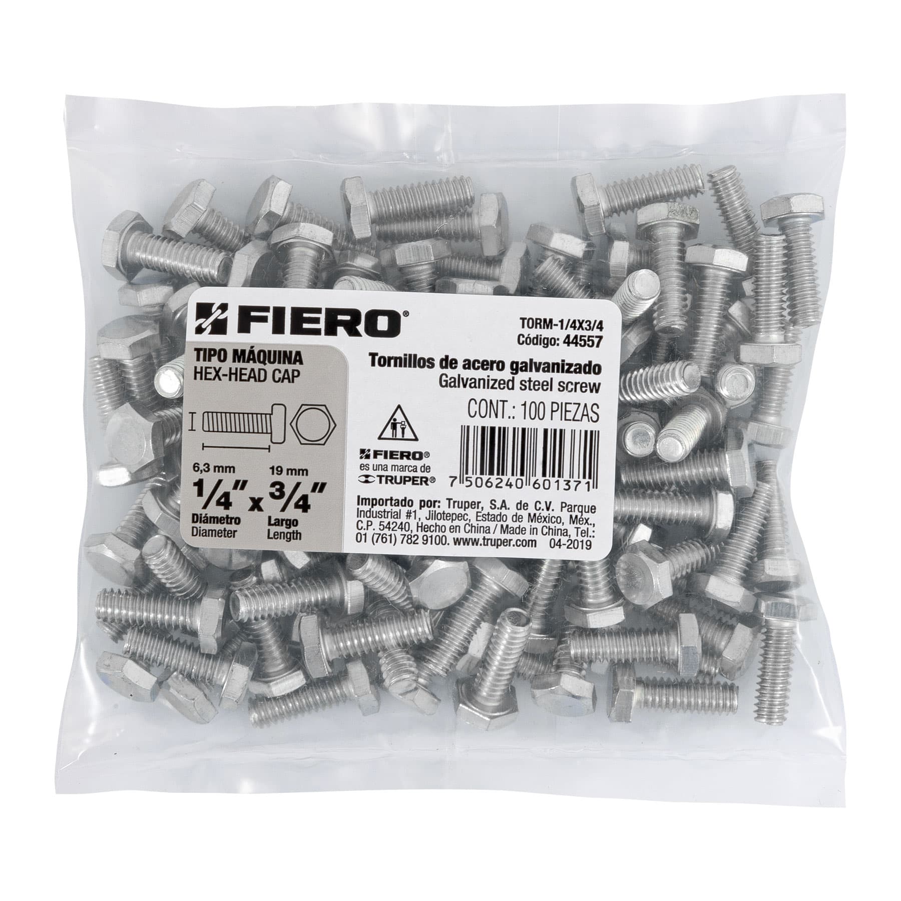 Bolsa con 100 tornillos 1/4" x 3/4" tipo máquina, FIERO