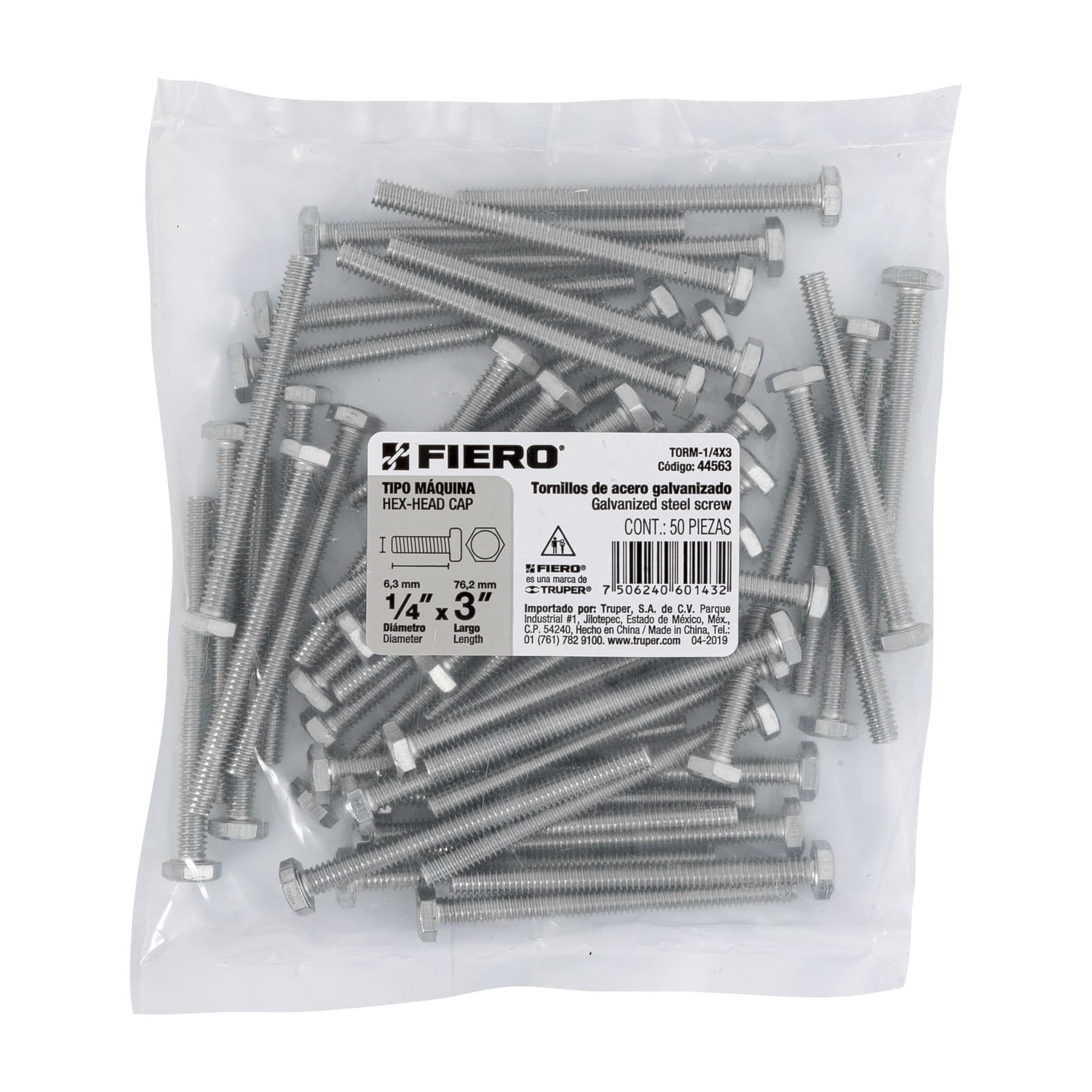 Bolsa con 50 tornillos 1/4" x 3" tipo máquina, FIERO