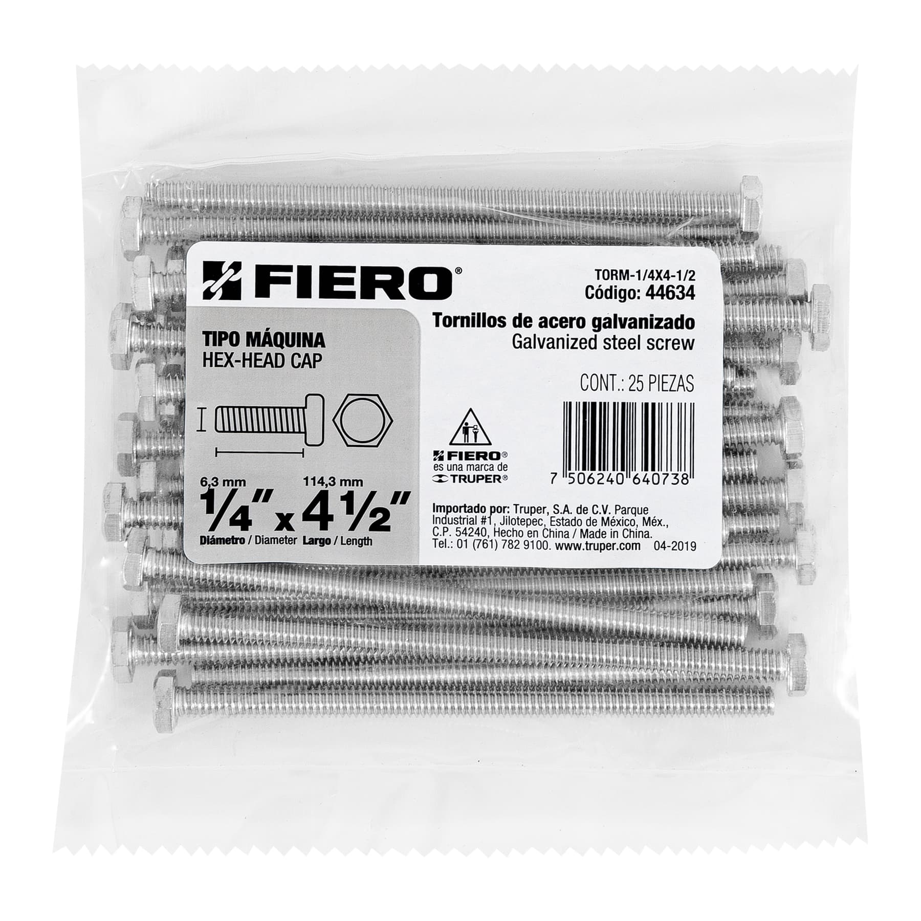 Bolsa con 25 tornillos 1/4" x 4-1/2" tipo máquina, FIERO