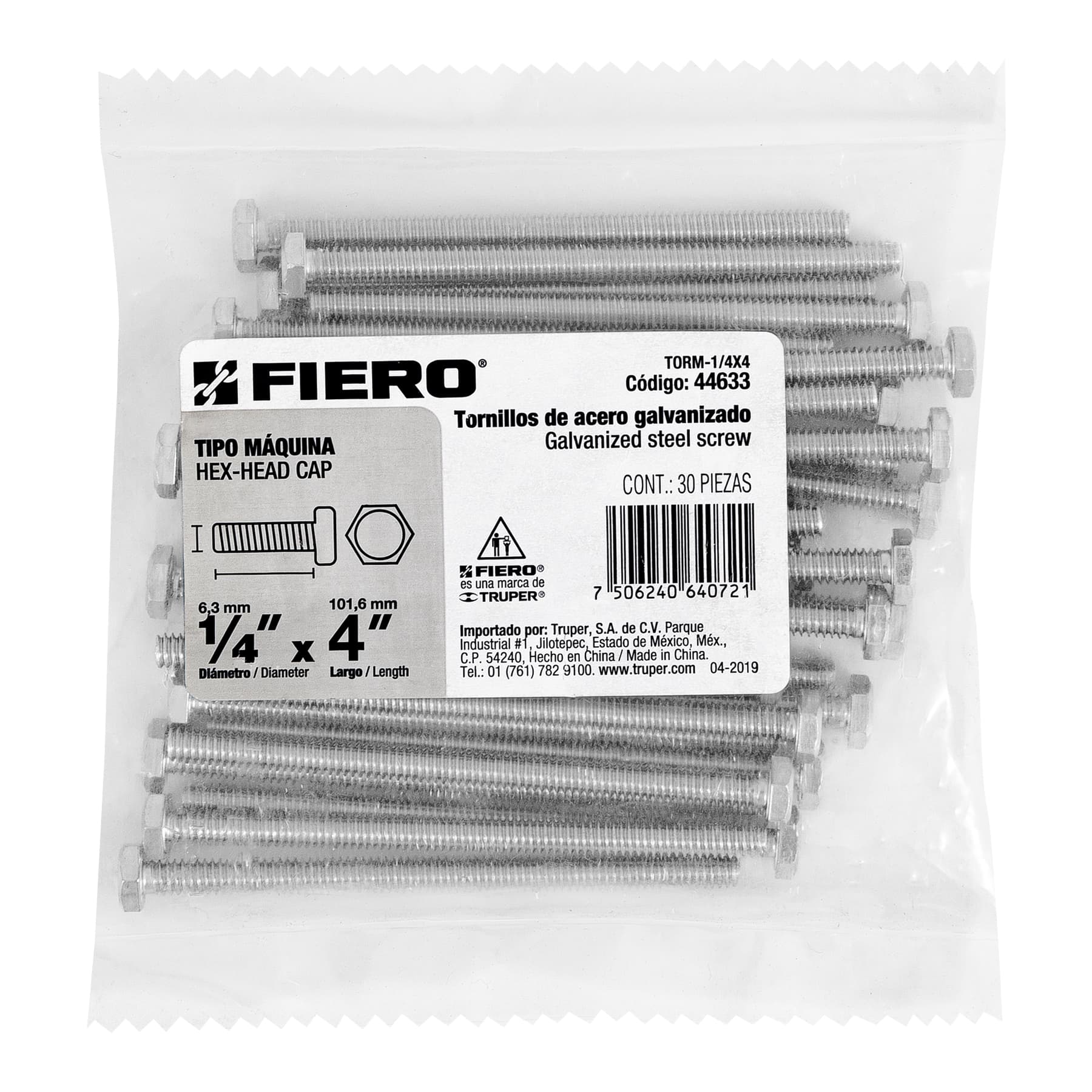 Bolsa con 30 tornillos 1/4" x 4" tipo máquina, FIERO