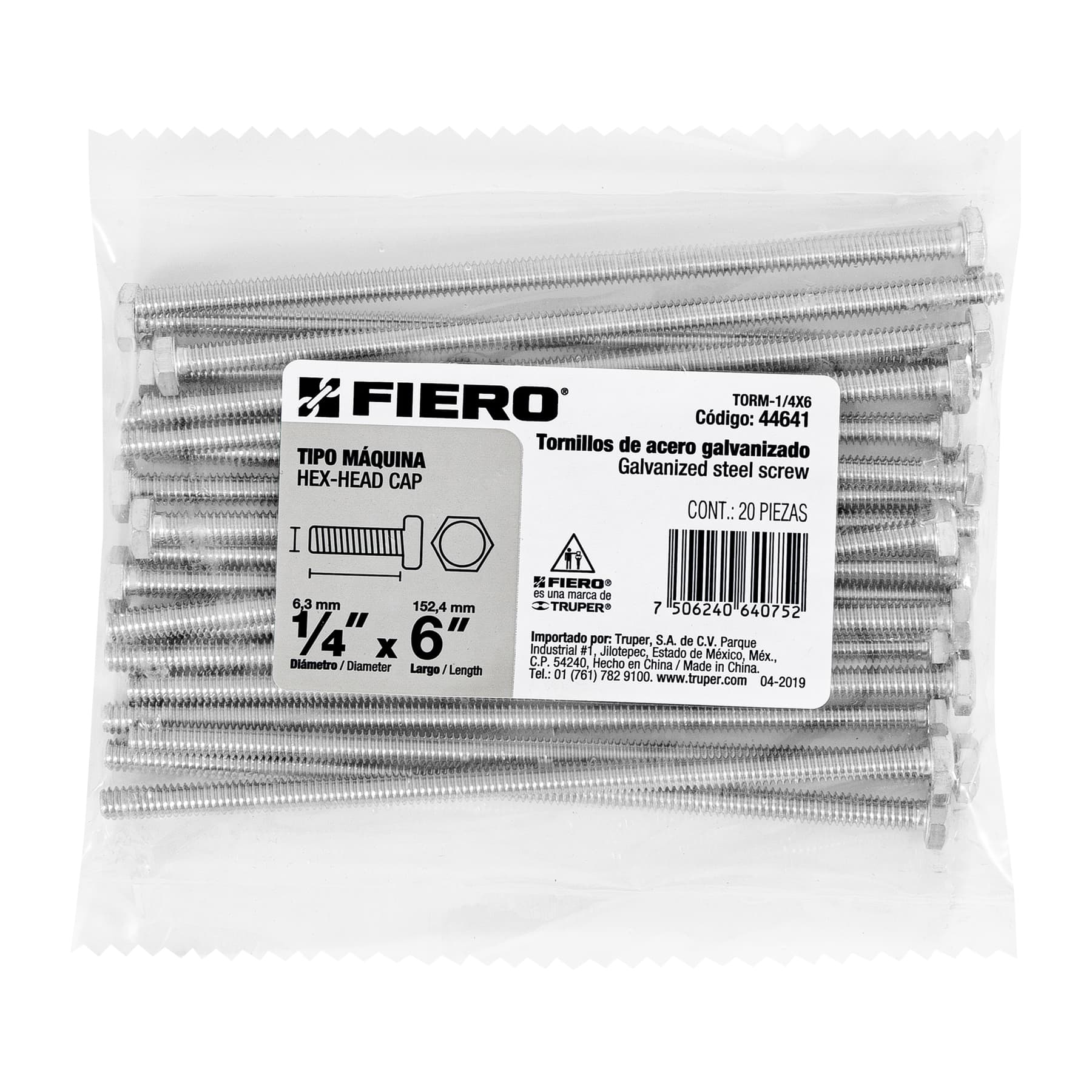 Bolsa con 20 tornillos 1/4" x 6" tipo máquina, FIERO