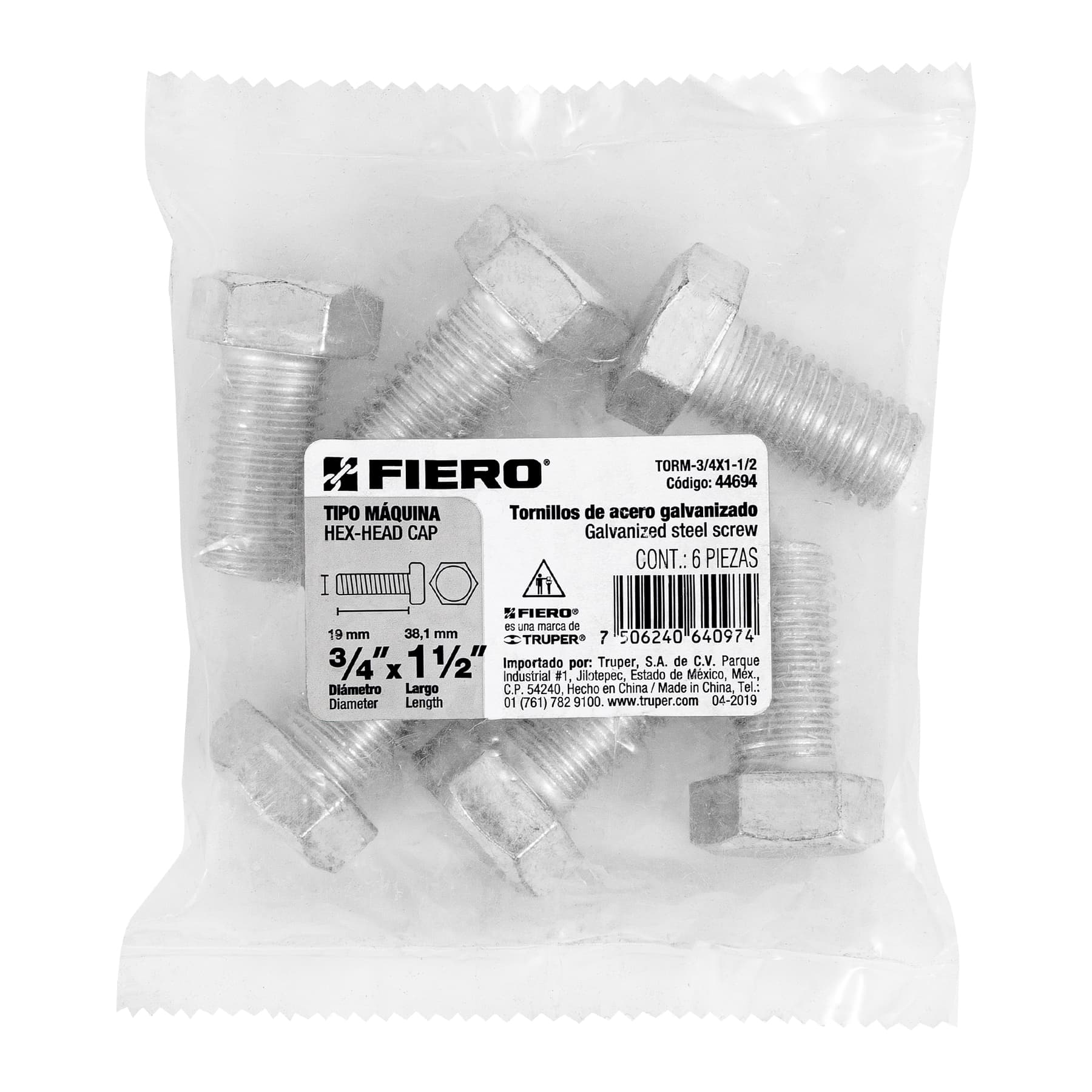Bolsa con 6 tornillos 3/4" x 1-1/2" tipo máquina, FIERO