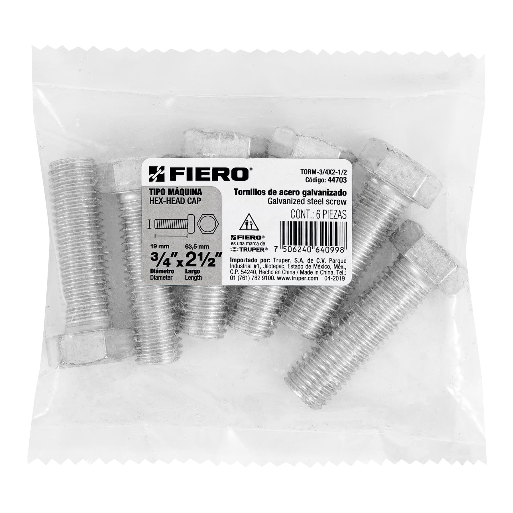 Bolsa con 6 tornillos 3/4" x 2-1/2" tipo máquina, FIERO