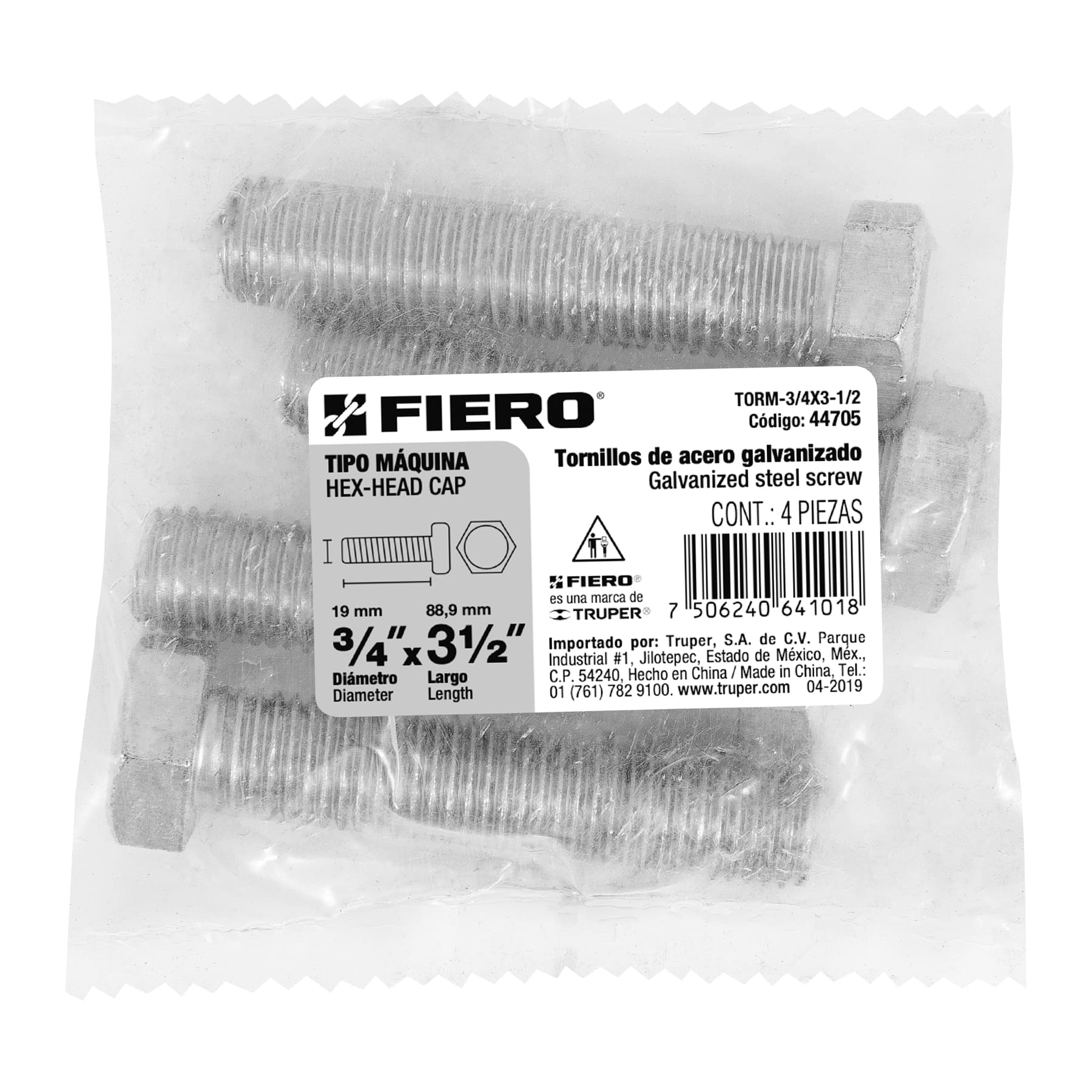 Bolsa con 4 tornillos 3/4" x 3-1/2" tipo máquina, FIERO