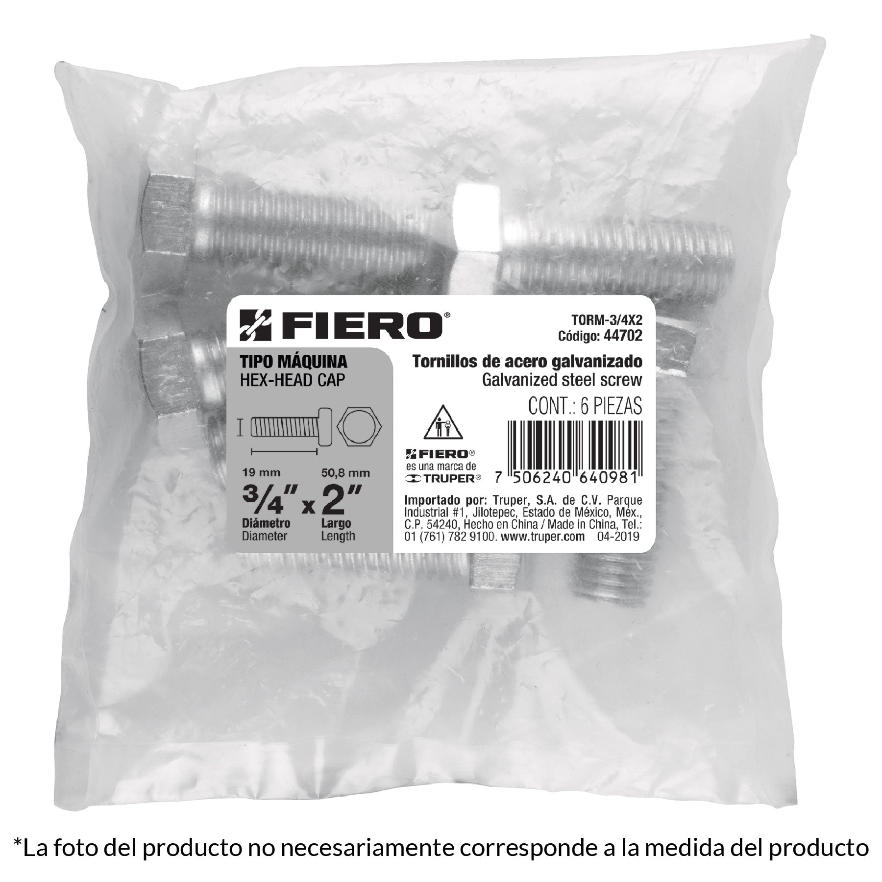 Bolsa con 4 tornillos 3/4" x 3" tipo máquina, FIERO