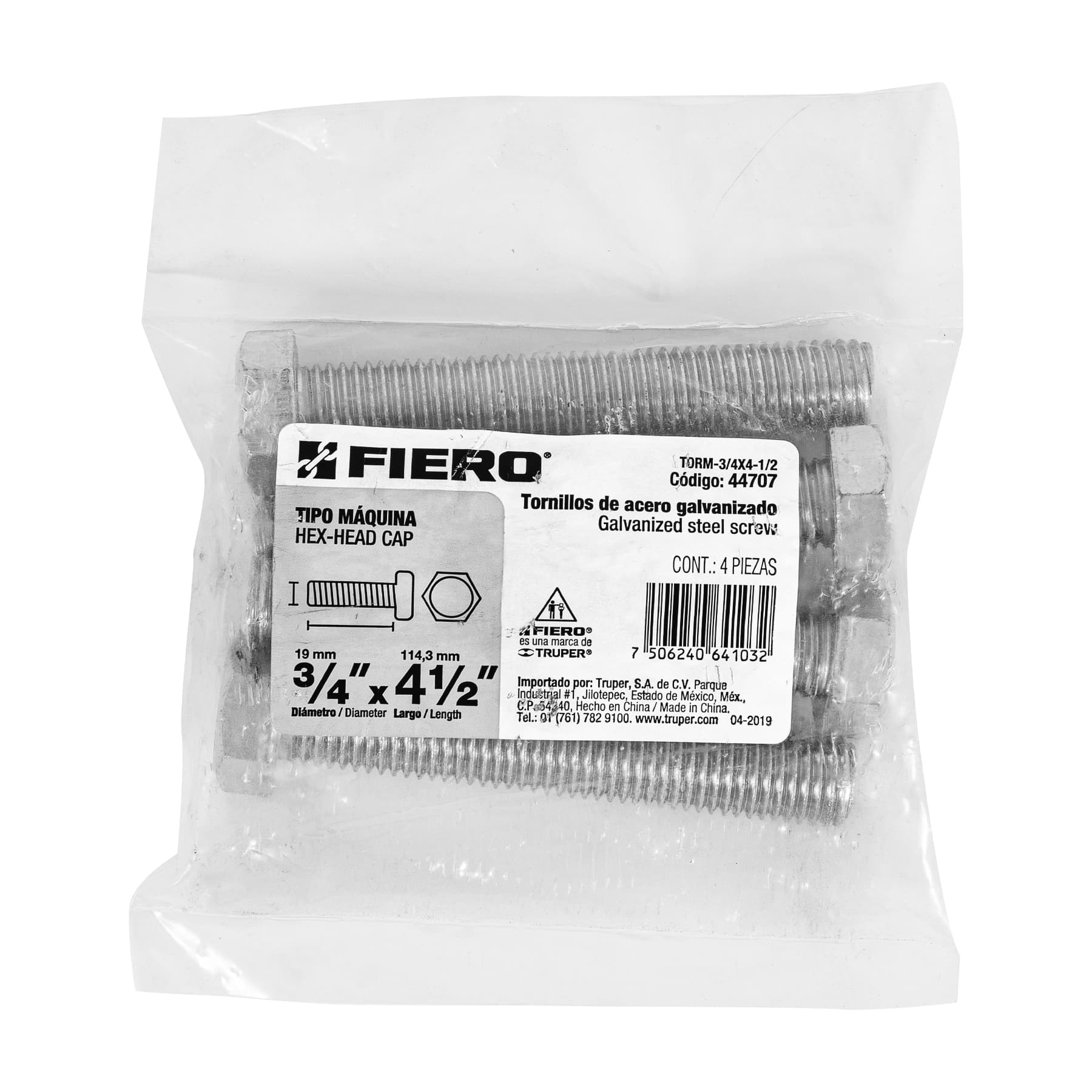 Bolsa con 4 tornillos 3/4" x 4-1/2" tipo máquina, FIERO
