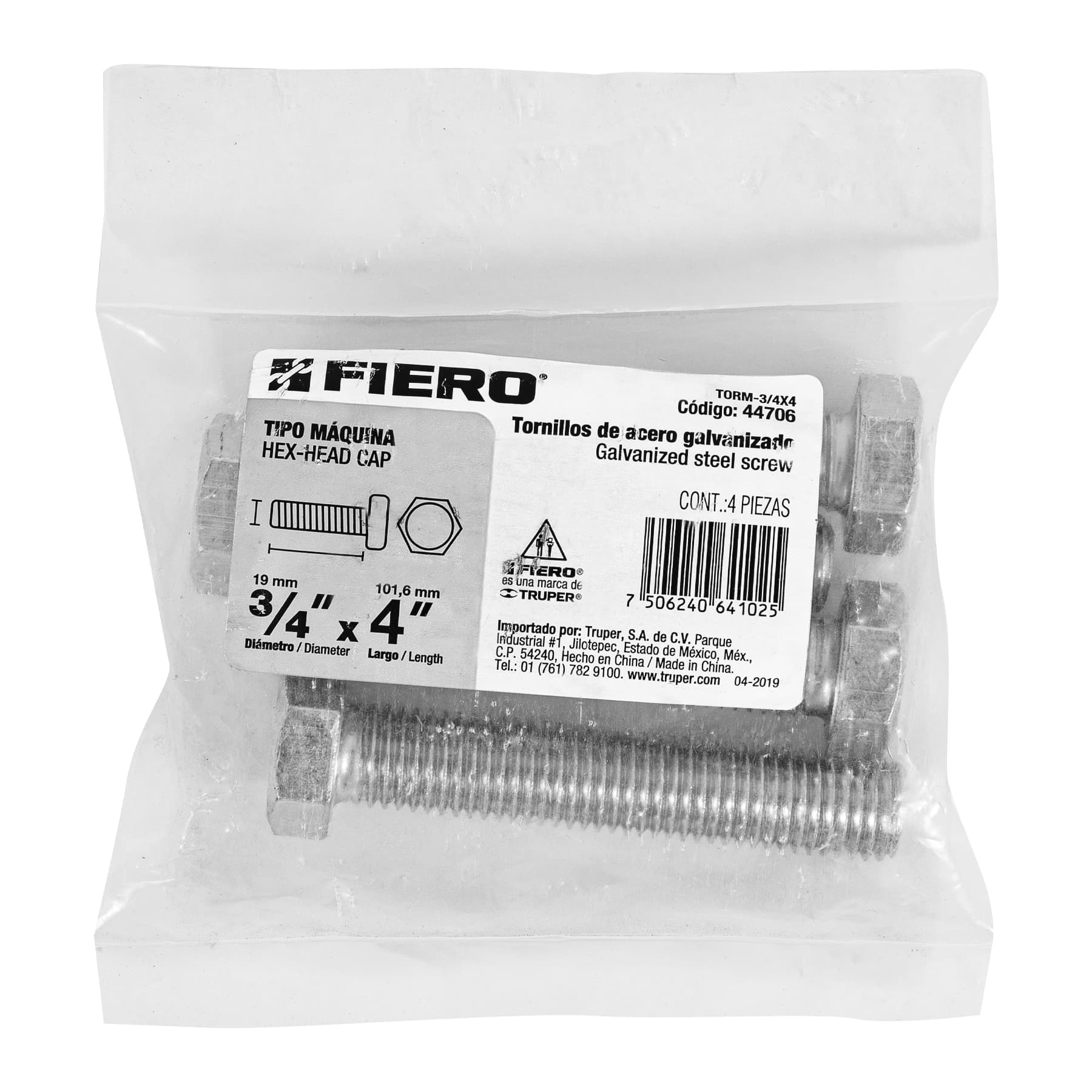 Bolsa con 4 tornillos 3/4" x 4" tipo máquina, FIERO