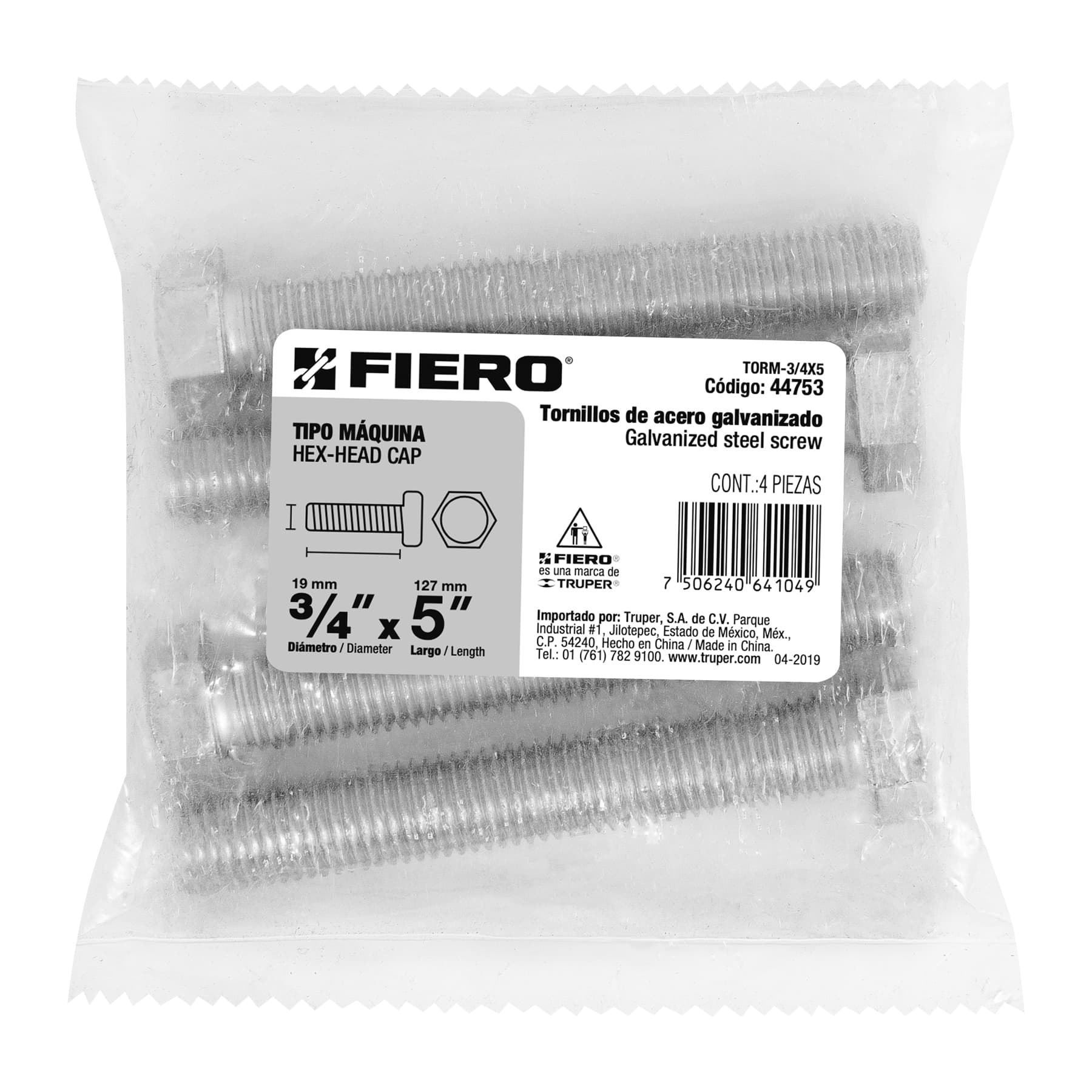 Bolsa con 4 tornillos 3/4" x 5" tipo máquina, FIERO