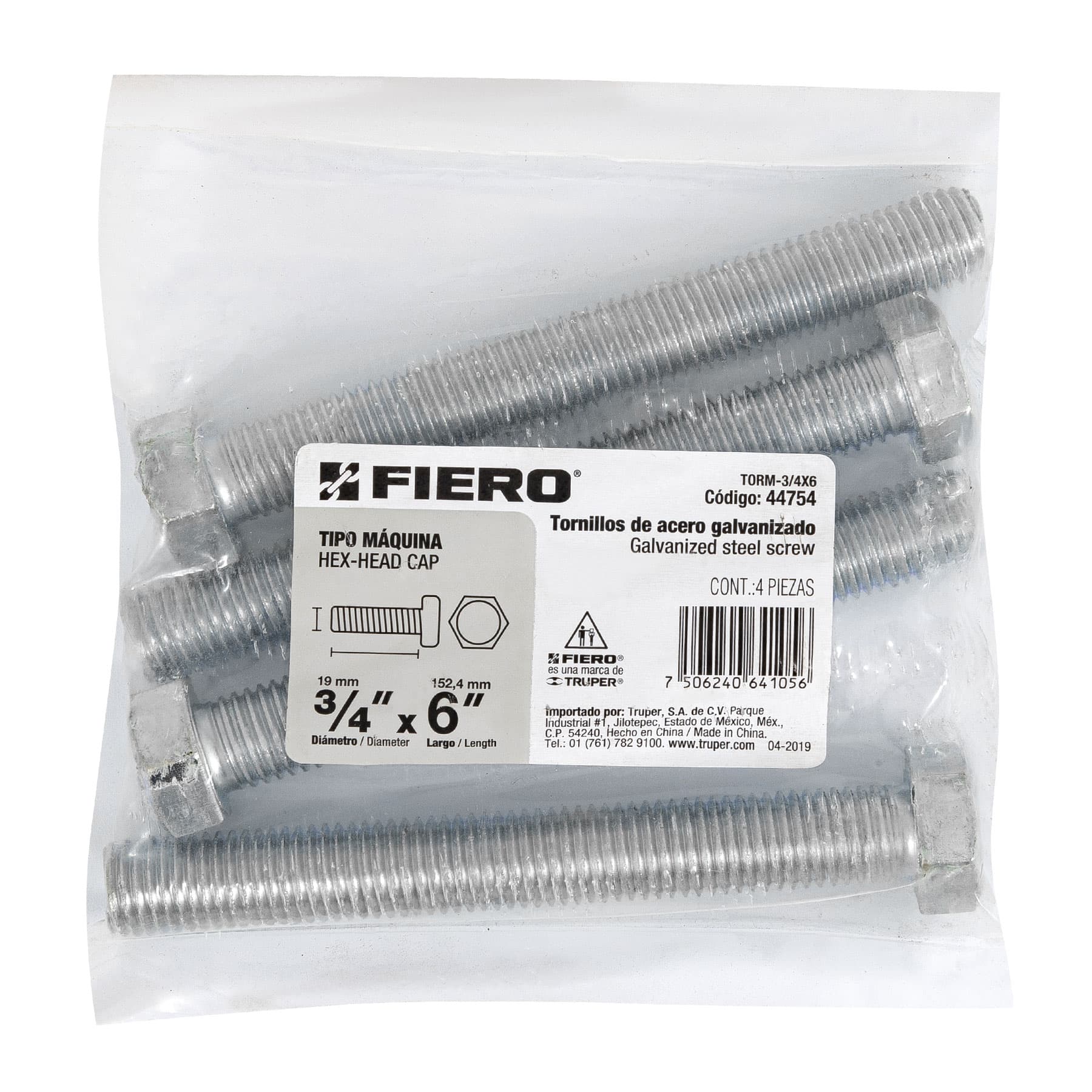 Bolsa con 4 tornillos 3/4" x 6" tipo máquina, FIERO