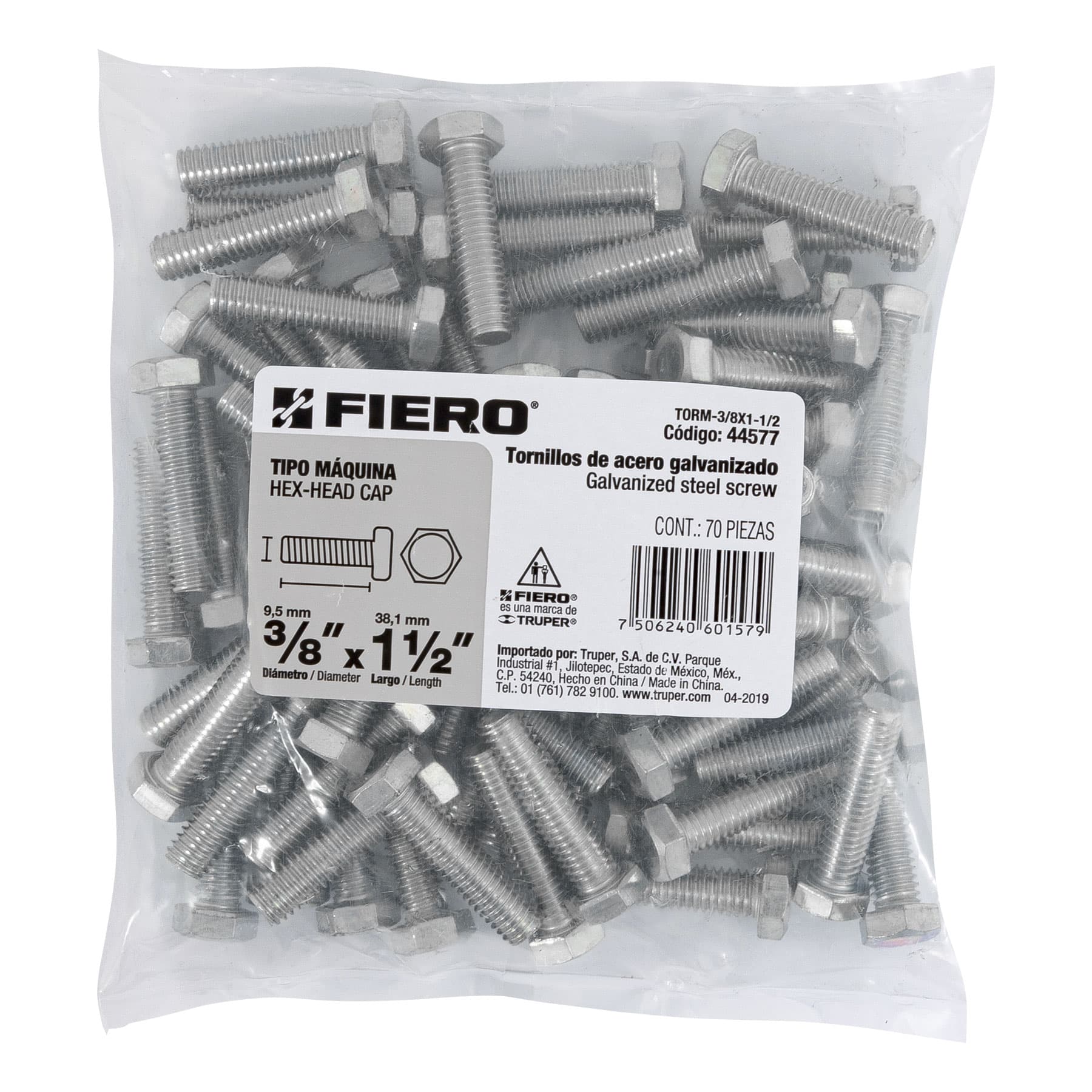 Bolsa con 70 tornillos 3/8" x 1-1/2" tipo máquina, FIERO