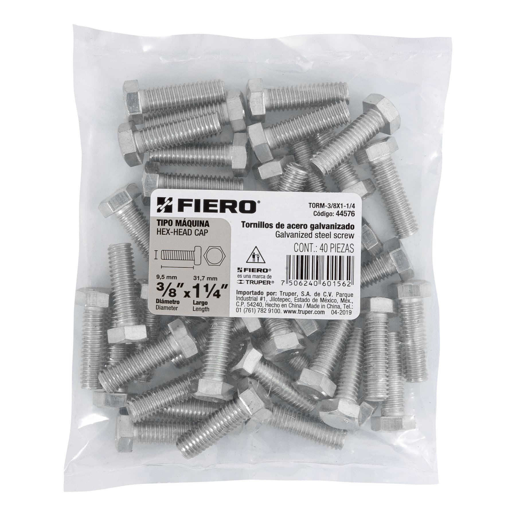 Bolsa con 40 tornillos 3/8" x 1-1/4" tipo máquina, FIERO