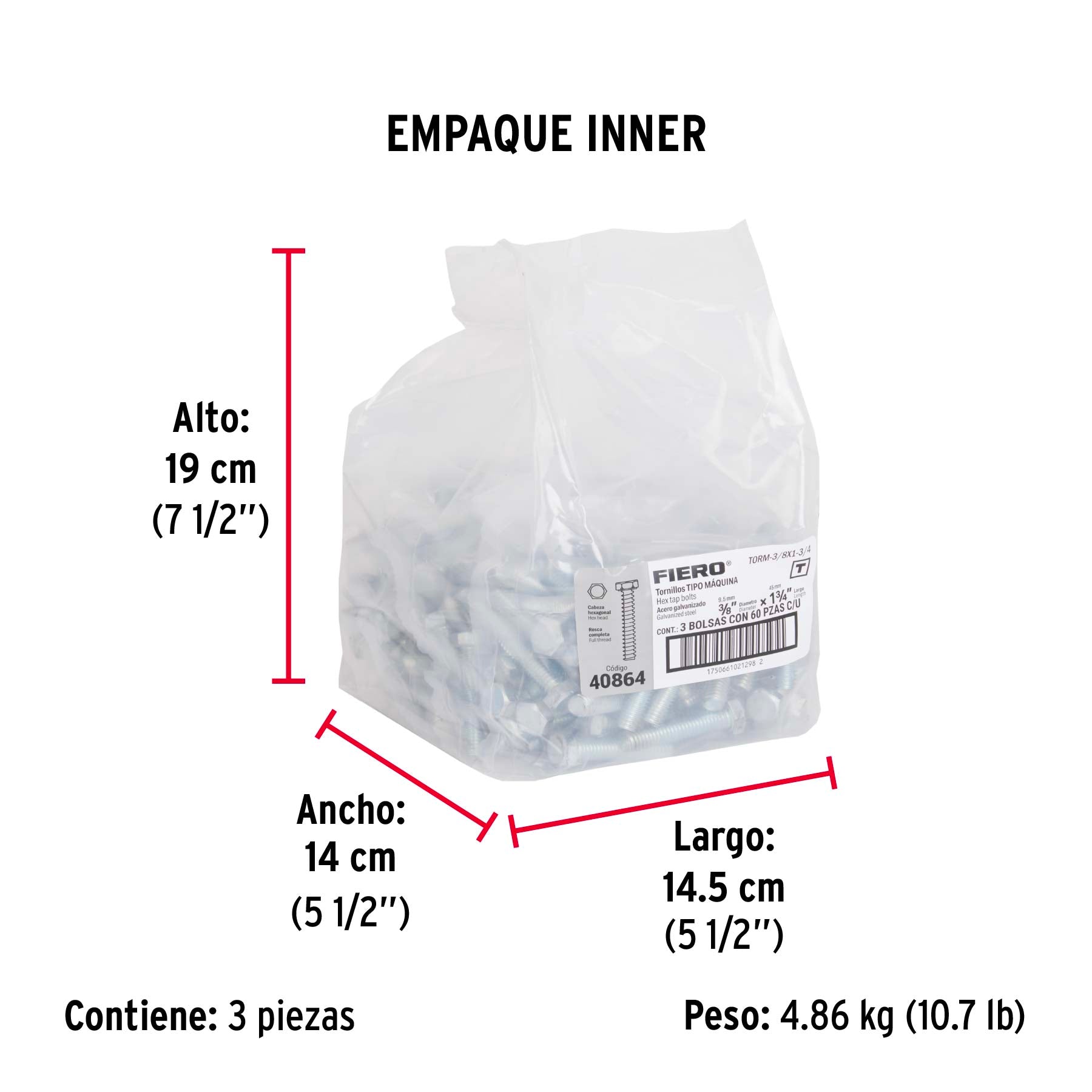 Bolsa con 60 tornillos 3/8" x 1-3/4" tipo máquina, FIERO - Empaque
