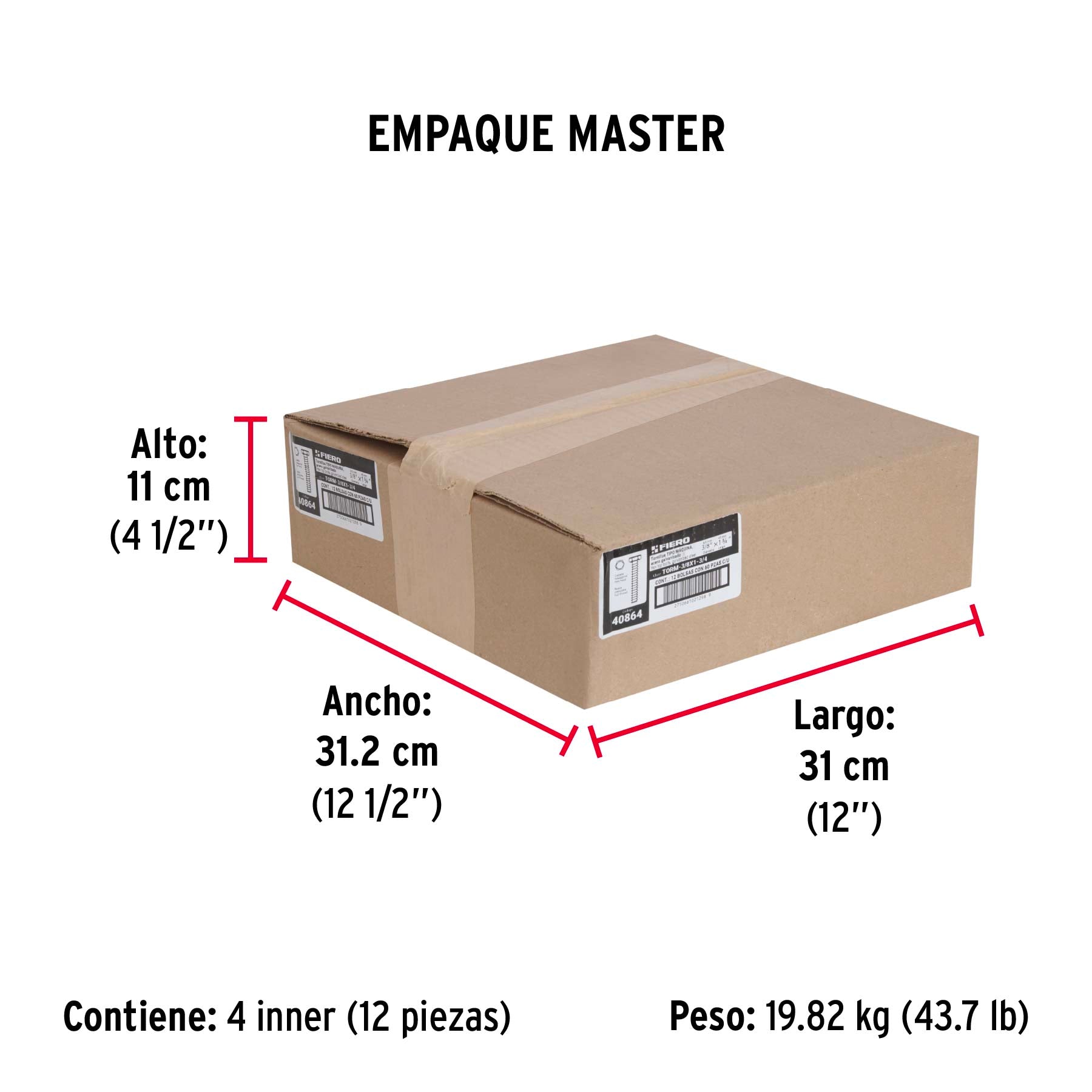 Bolsa con 60 tornillos 3/8" x 1-3/4" tipo máquina, FIERO - Empaque