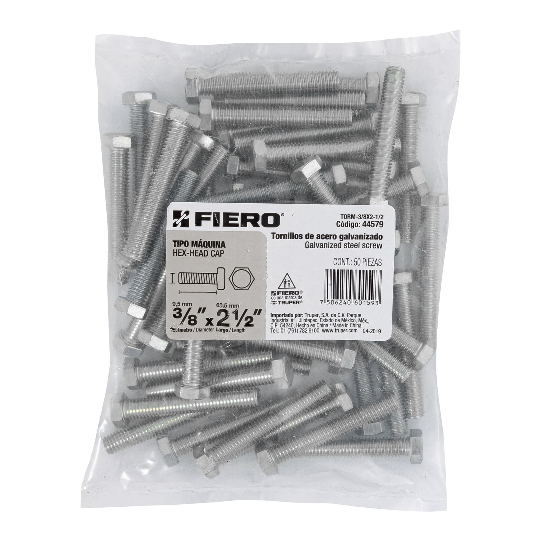 Bolsa con 50 tornillos 3/8" x 2-1/2" tipo máquina, FIERO