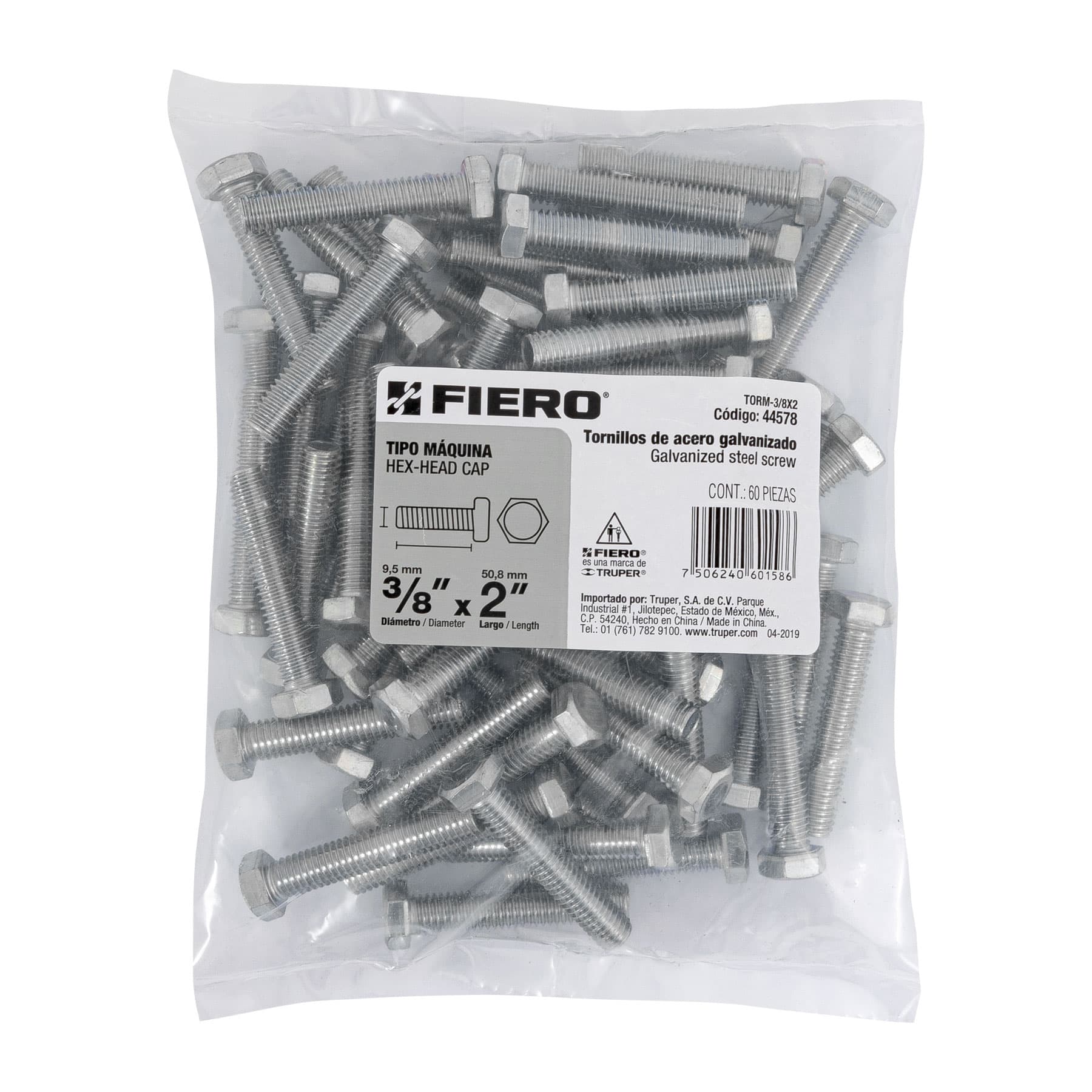 Bolsa con 60 tornillos 3/8" x 2" tipo máquina, FIERO