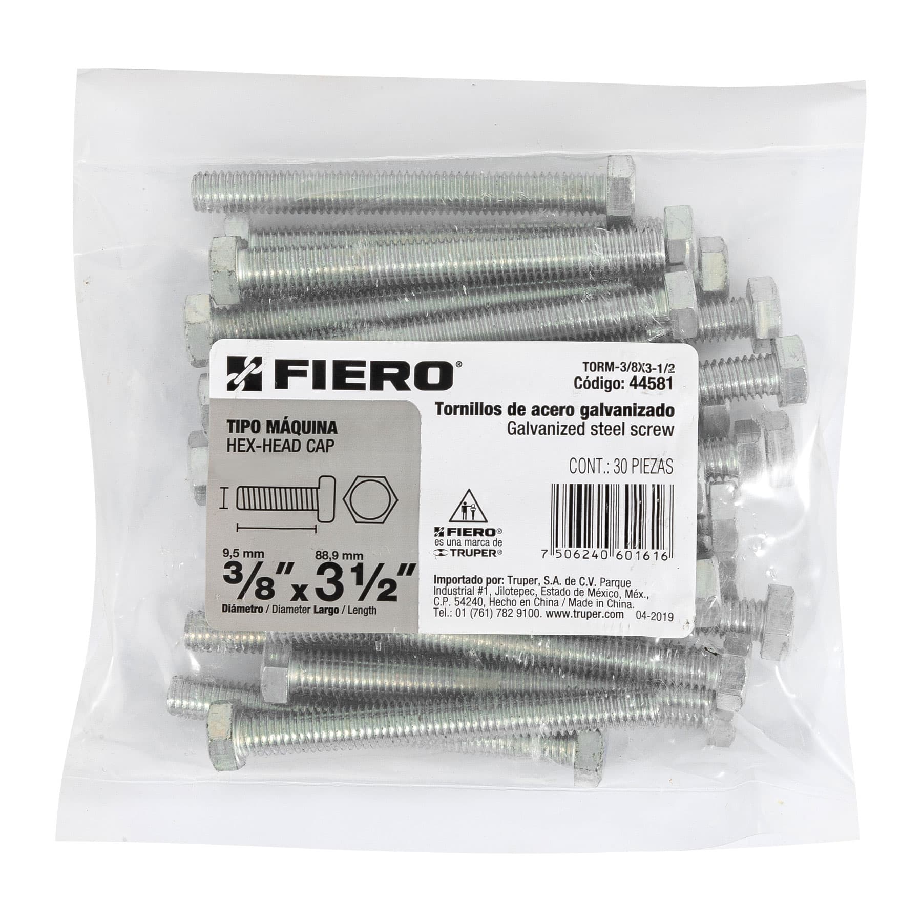 Bolsa con 30 tornillos 3/8" x 3-1/2" tipo máquina, FIERO