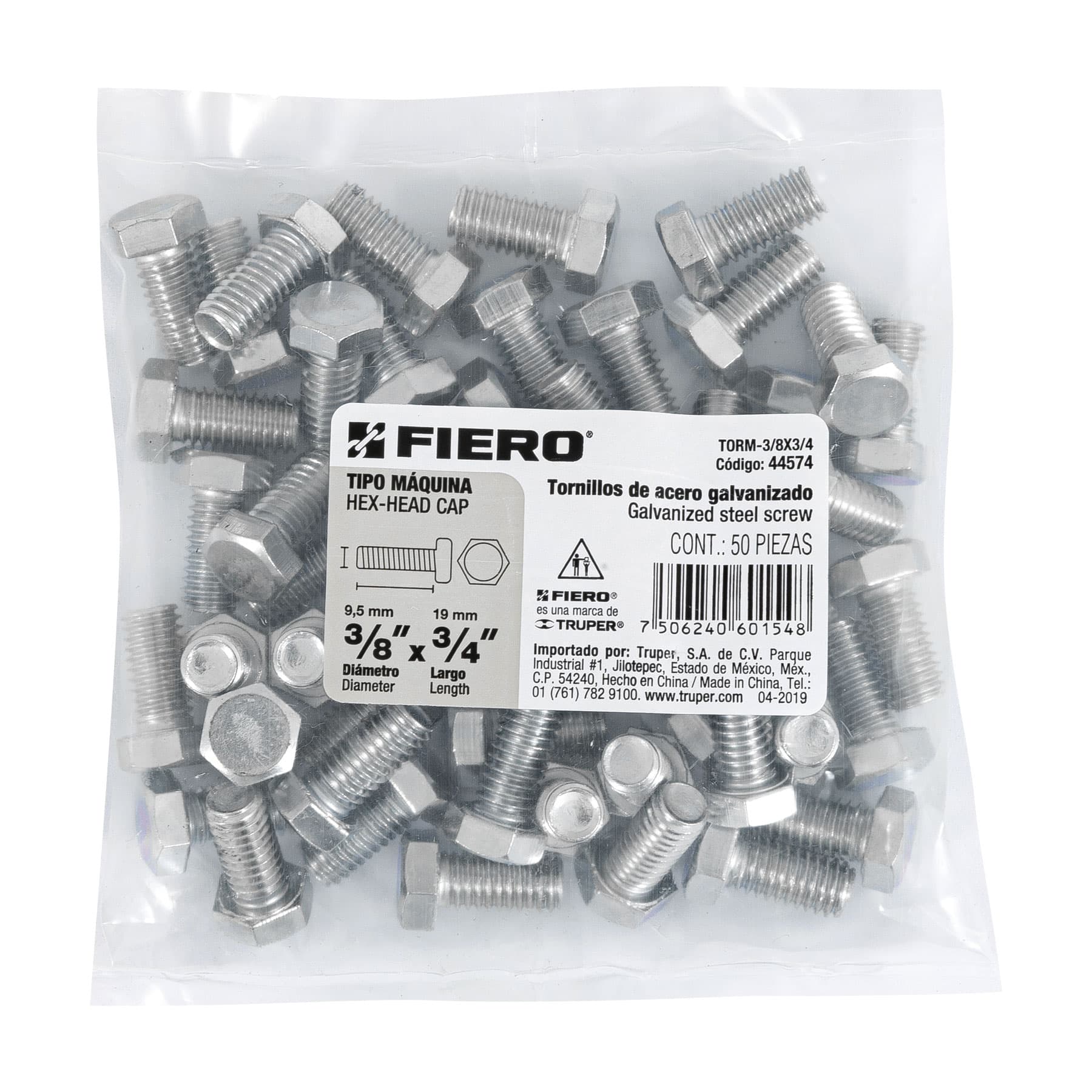 Bolsa con 50 tornillos 3/8" x 3/4" tipo máquina, FIERO