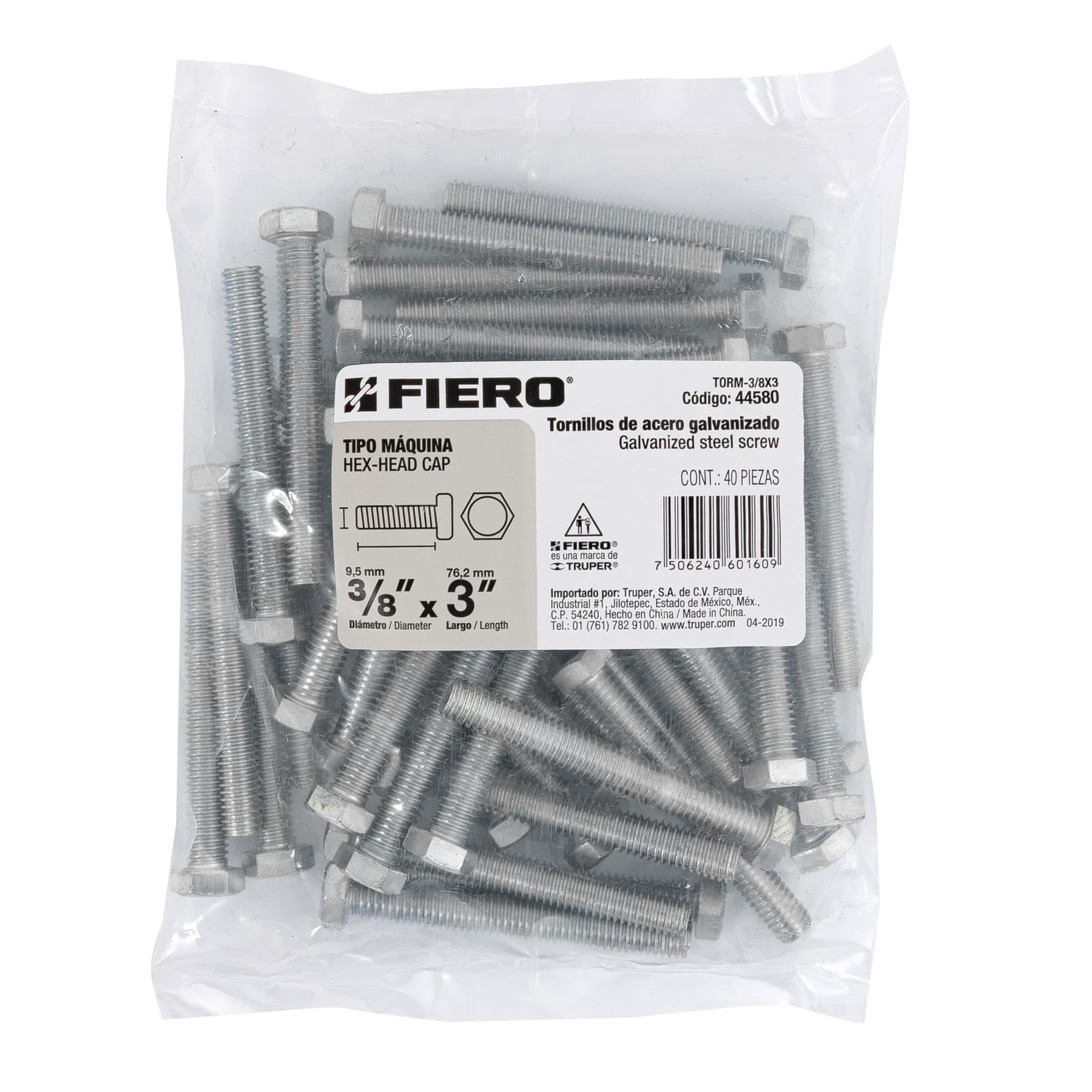 Bolsa con 40 tornillos 3/8" x 3" tipo máquina, FIERO