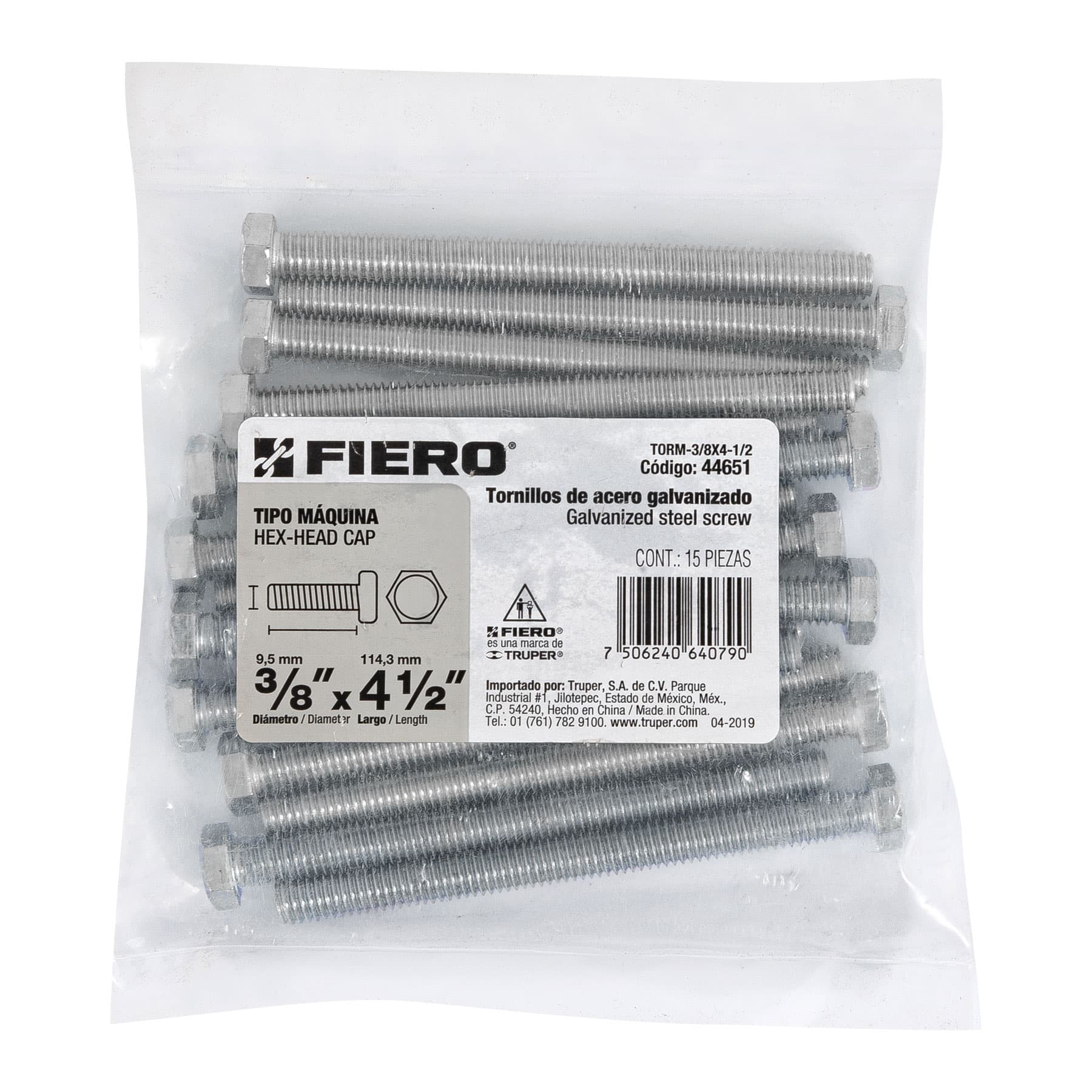 Bolsa con 15 tornillos 3/8" x 4-1/2" tipo máquina, FIERO