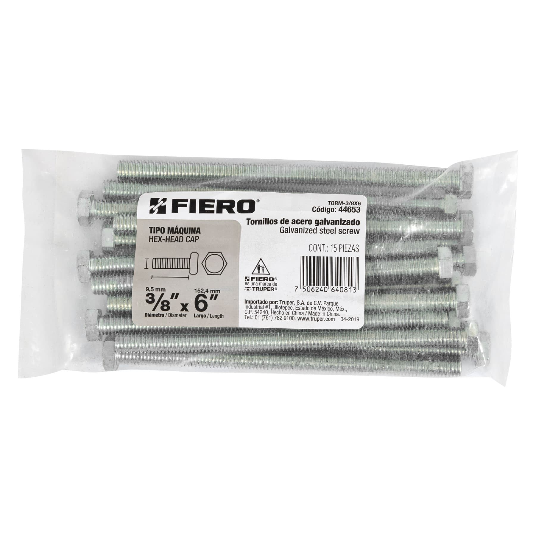 Bolsa con 15 tornillos 3/8" x 6" tipo máquina, FIERO