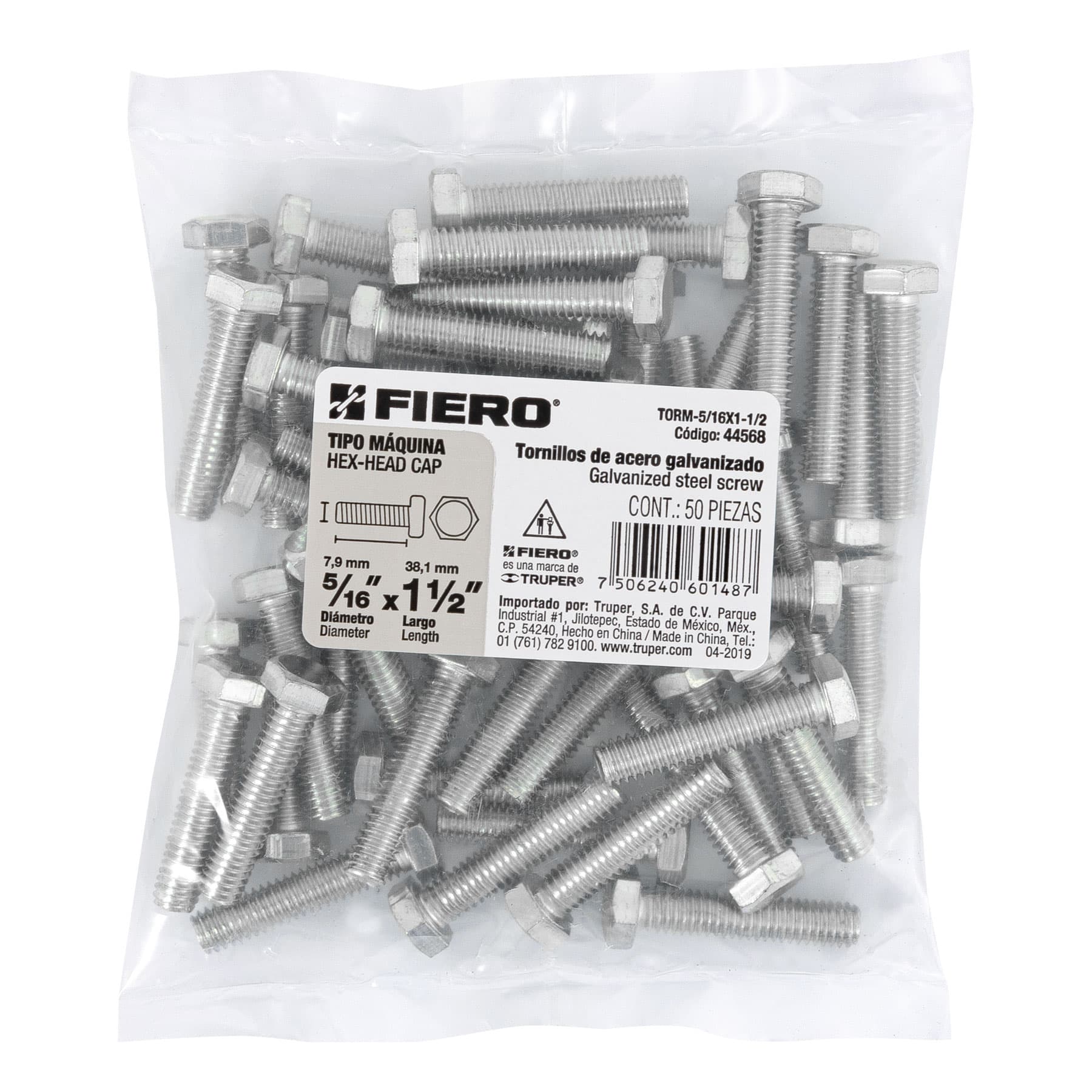 Bolsa con 50 tornillos 5/16" x 1-1/2" tipo máquina, FIERO