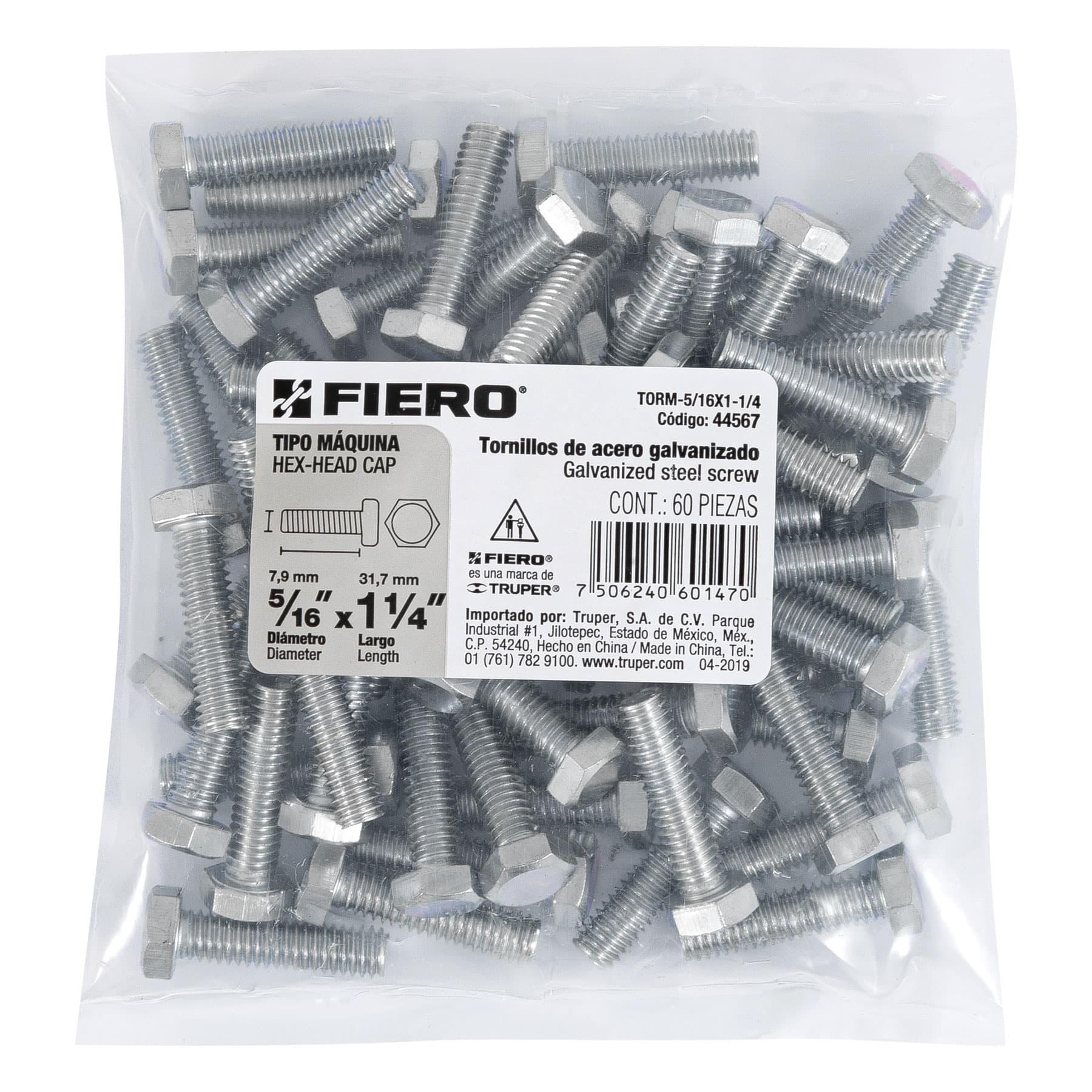 Bolsa con 60 tornillos 5/16" x 1-1/4" tipo máquina, FIERO