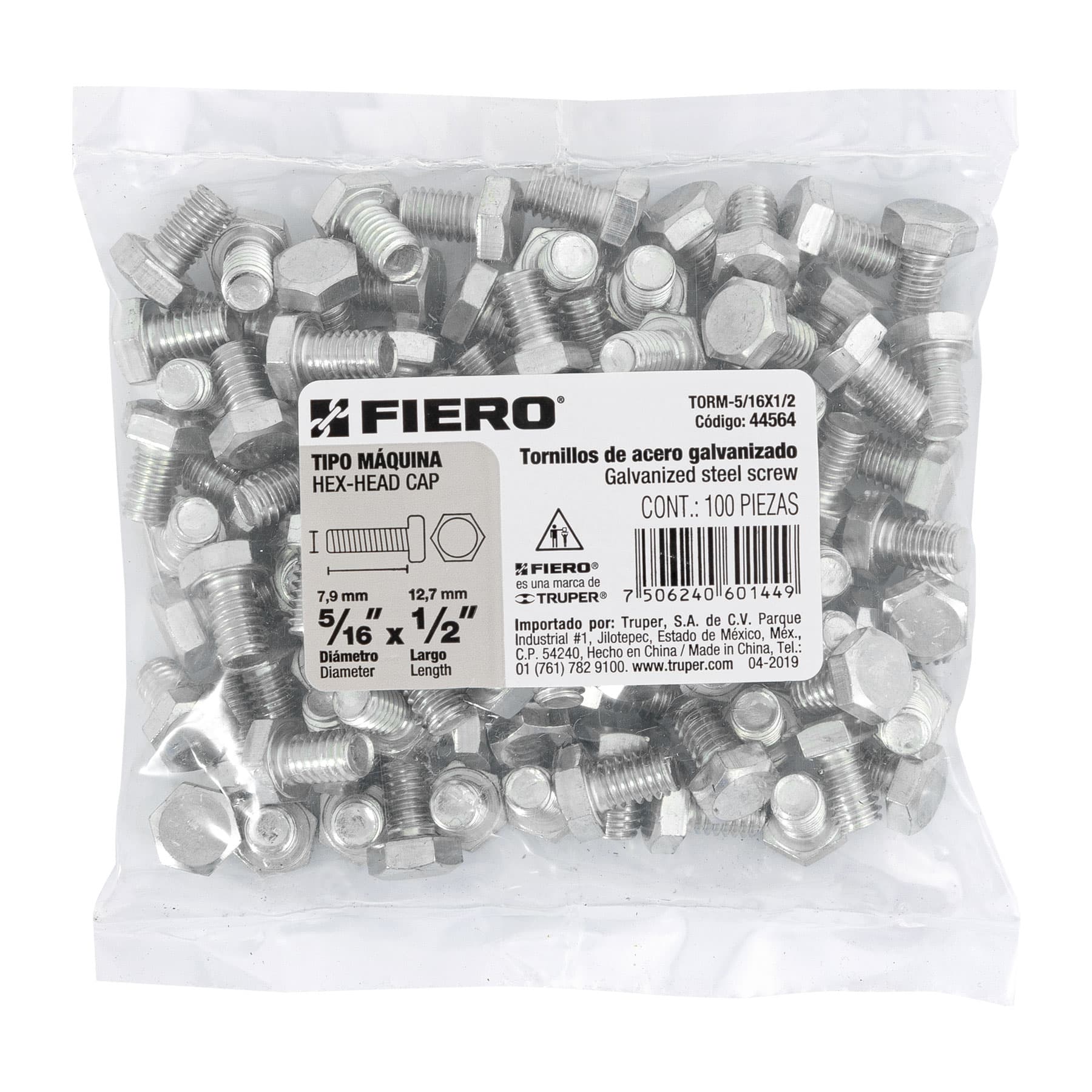 Bolsa con 100 tornillos 5/16" x 1/2" tipo máquina, FIERO