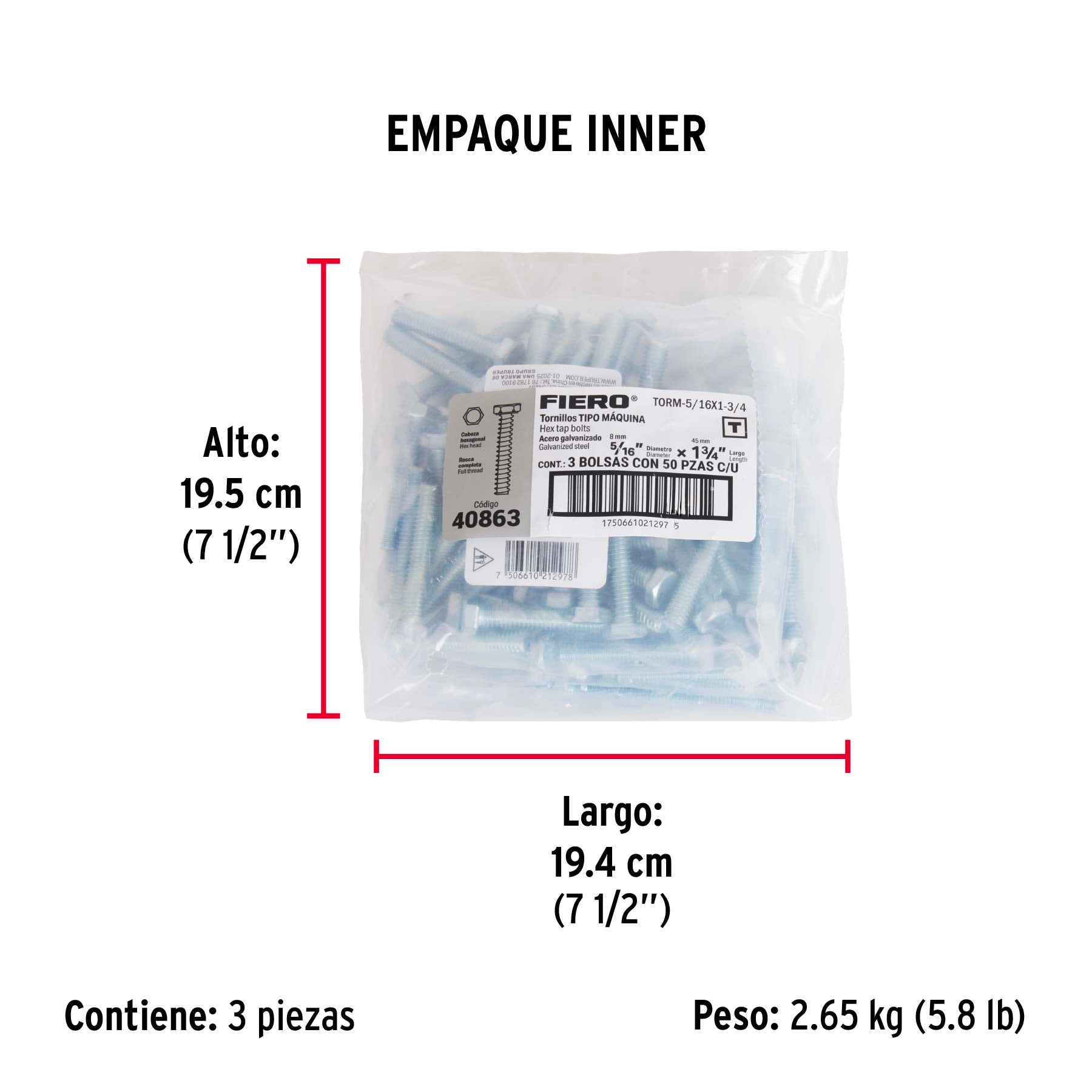 Bolsa con 50 tornillos 5/16" x 1-3/4" tipo máquina, FIERO - Empaque