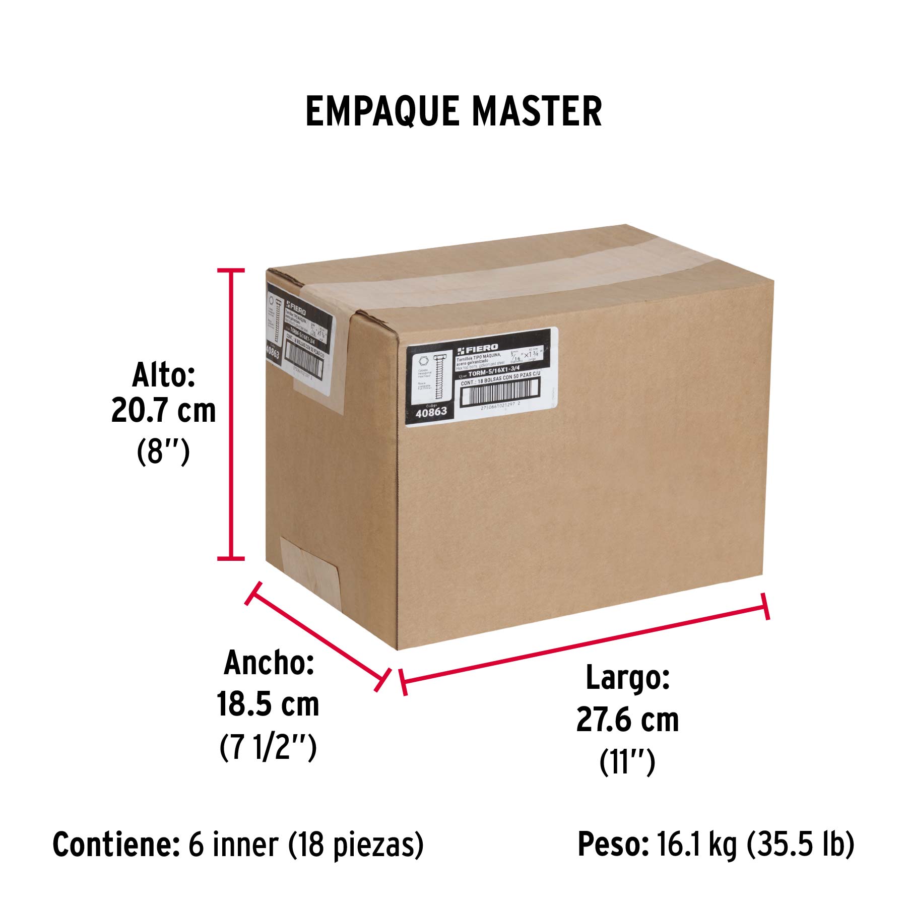 Bolsa con 50 tornillos 5/16" x 1-3/4" tipo máquina, FIERO - Empaque