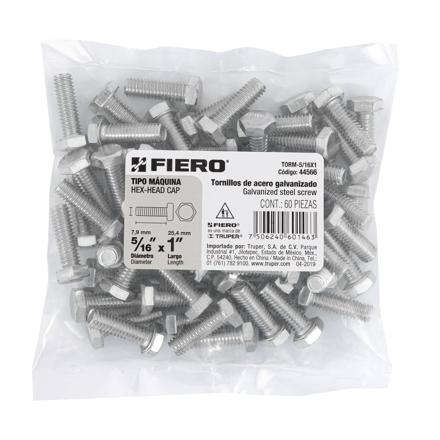 Bolsa con 60 tornillos 5/16" x 1" tipo máquina, FIERO