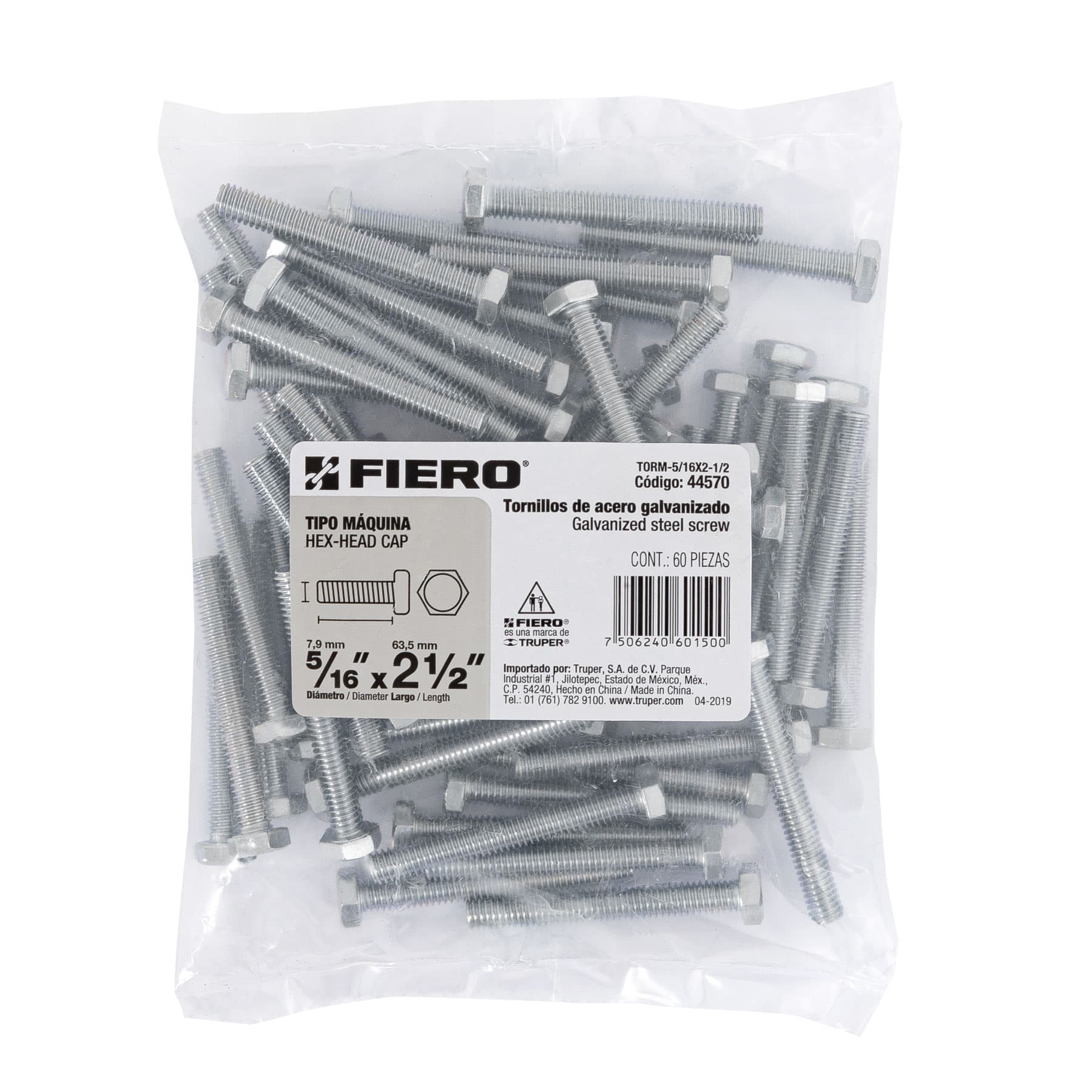 Bolsa con 60 tornillos 5/16" x 2-1/2" tipo máquina, FIERO