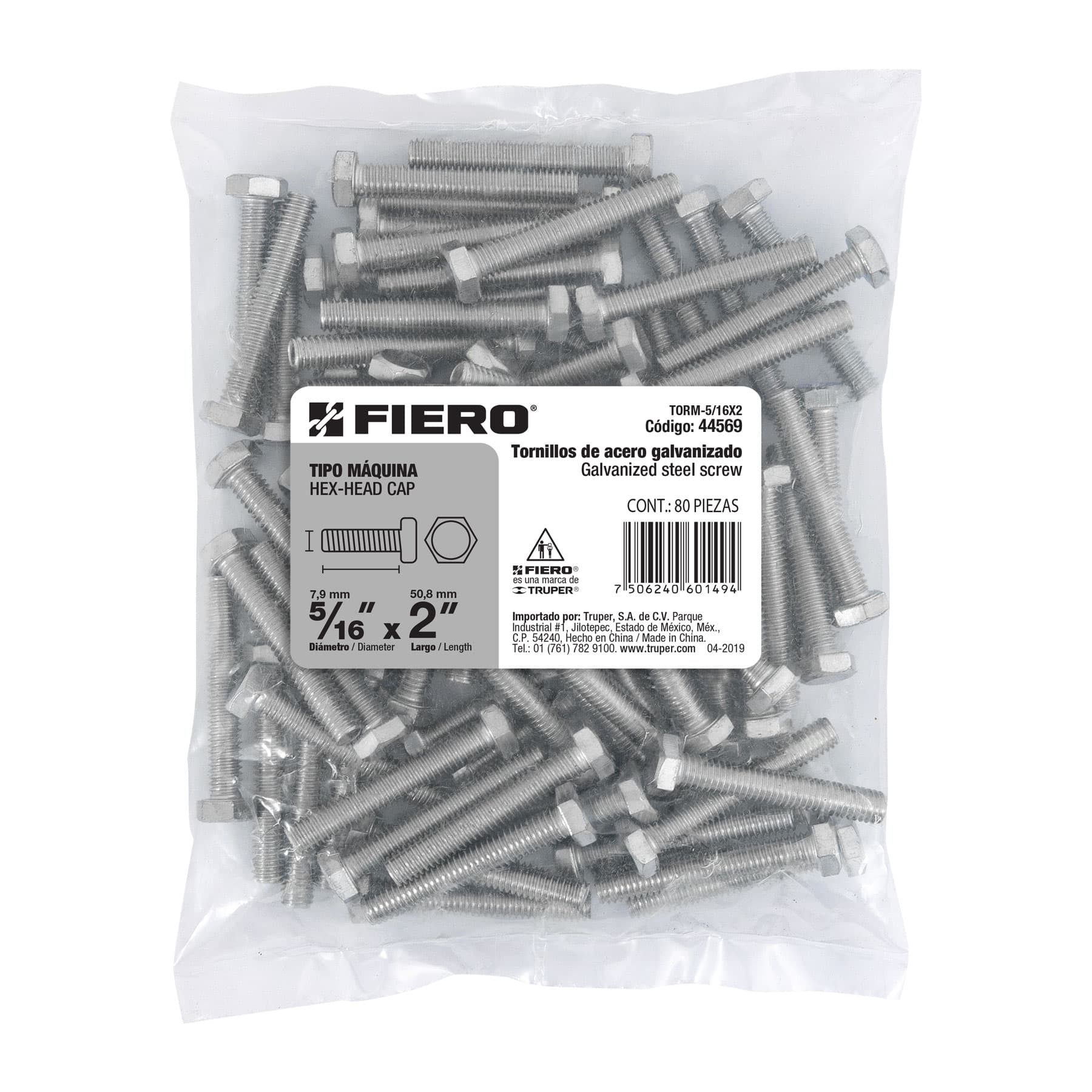 Bolsa con 80 tornillos 5/16" x 2" tipo máquina, FIERO