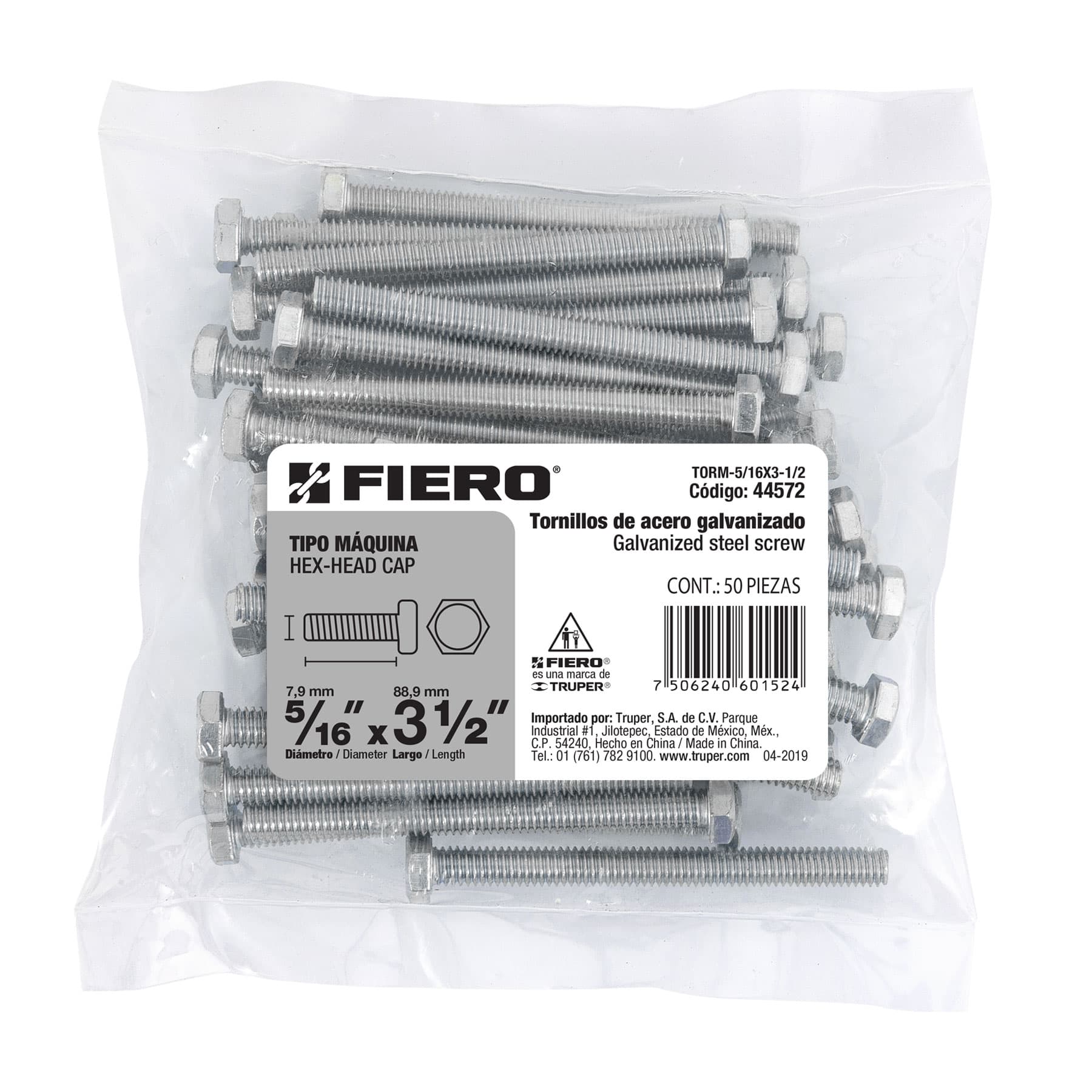 Bolsa con 50 tornillos 5/16" x 3-1/2" tipo máquina, FIERO