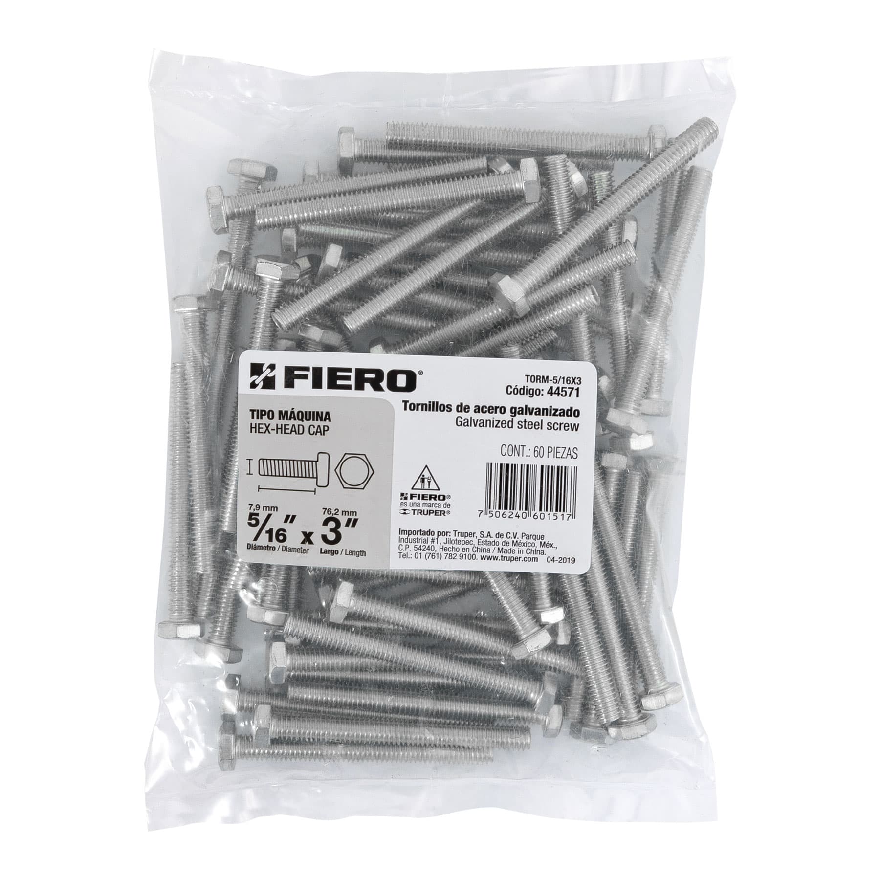 Bolsa con 60 tornillos 5/16" x 3" tipo máquina, FIERO