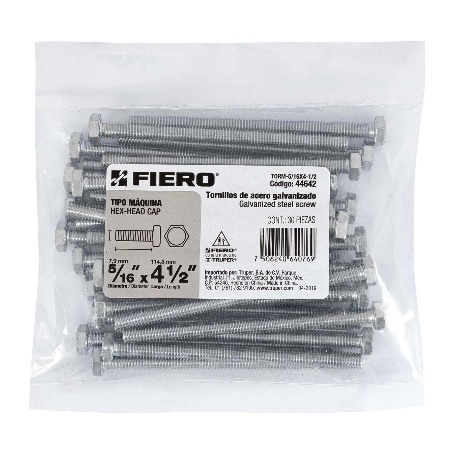 Bolsa con 30 tornillos 5/16" x 4-1/2" tipo máquina, FIERO