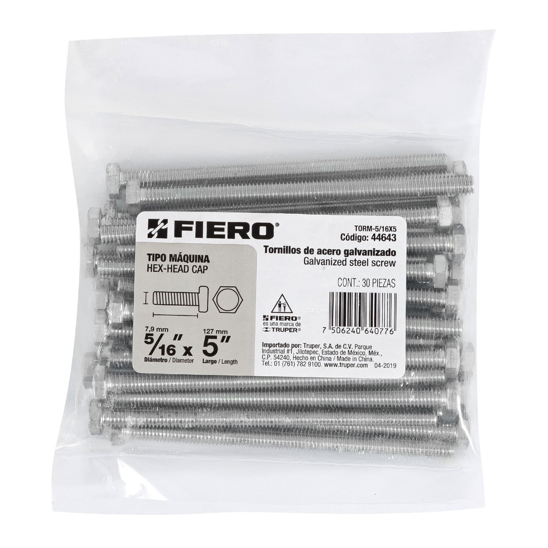 Bolsa con 30 tornillos 5/16" x 5" tipo máquina, FIERO