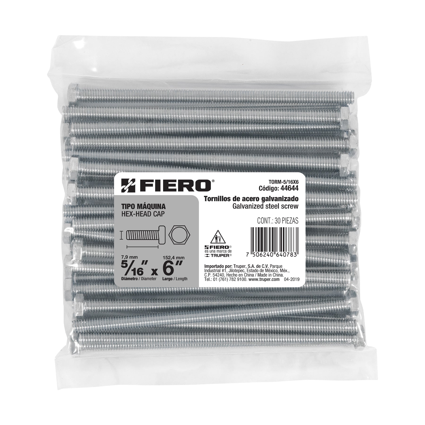 Bolsa con 30 tornillos 5/16" x 6" tipo máquina, FIERO