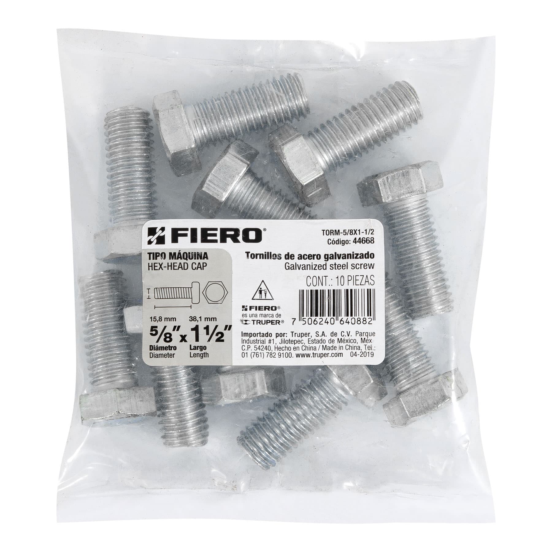 Bolsa con 10 tornillos 5/8" x 1-1/2" tipo máquina, FIERO