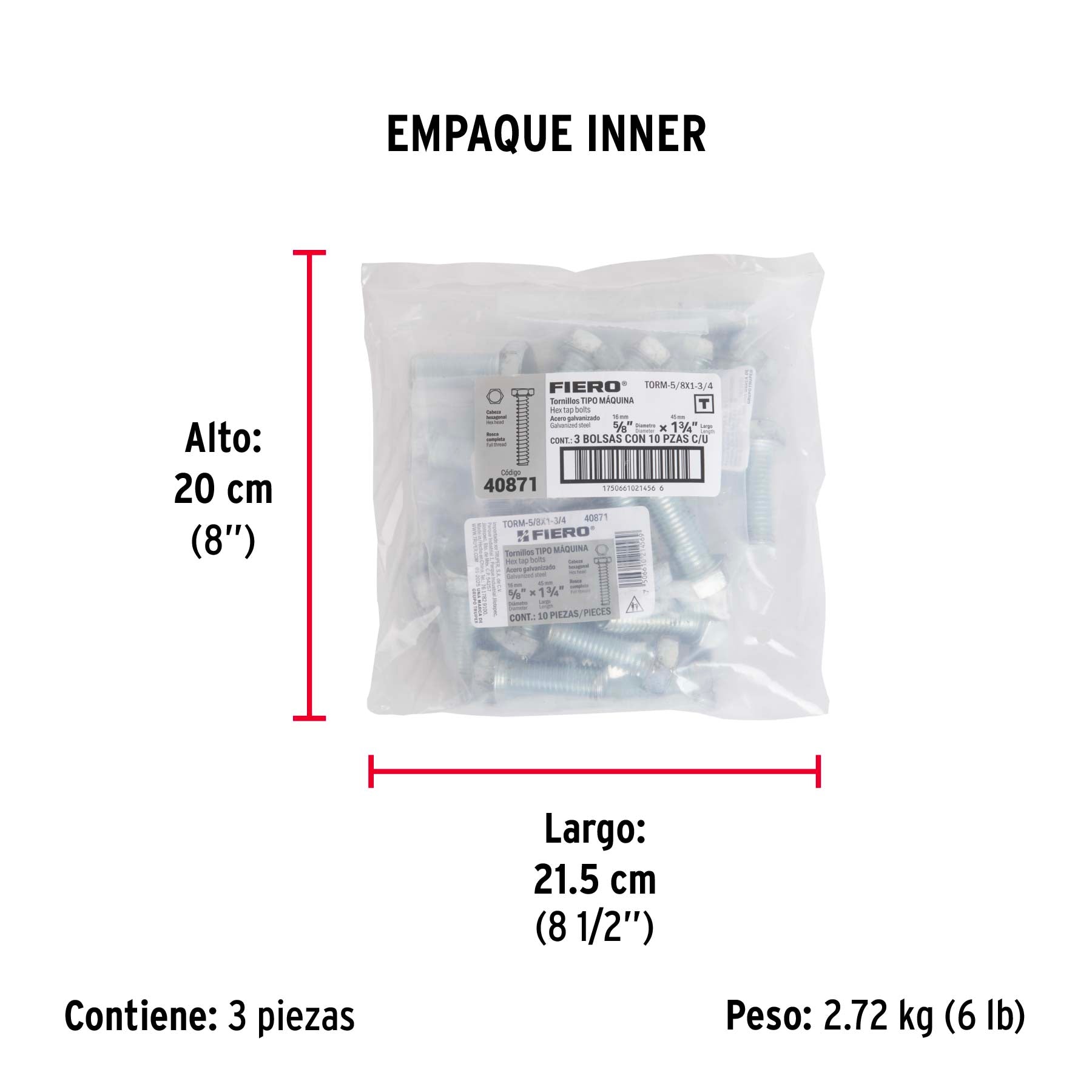 Bolsa con 10 tornillos 5/8" x 1-3/4" tipo máquina, FIERO - Empaque