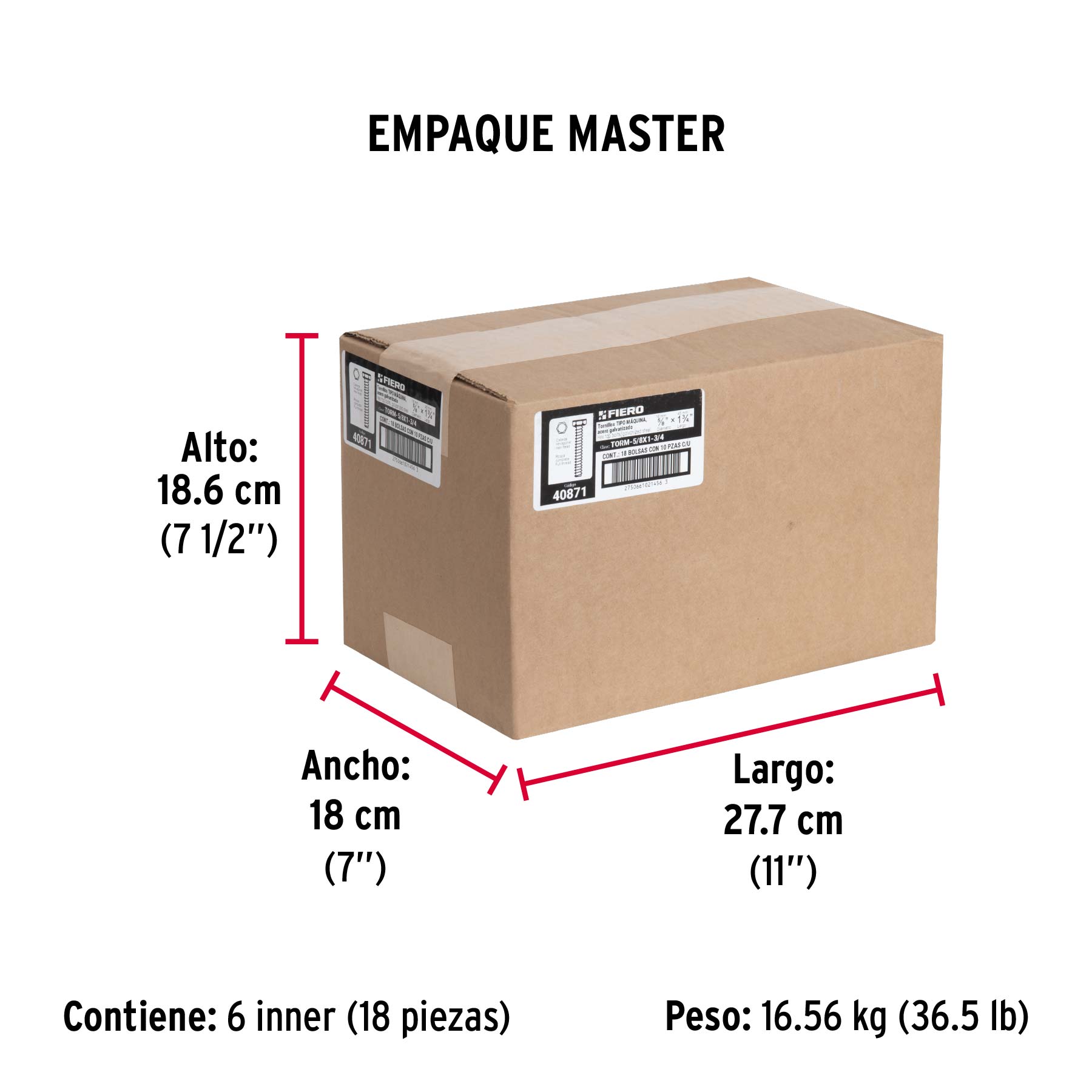 Bolsa con 10 tornillos 5/8" x 1-3/4" tipo máquina, FIERO - Empaque